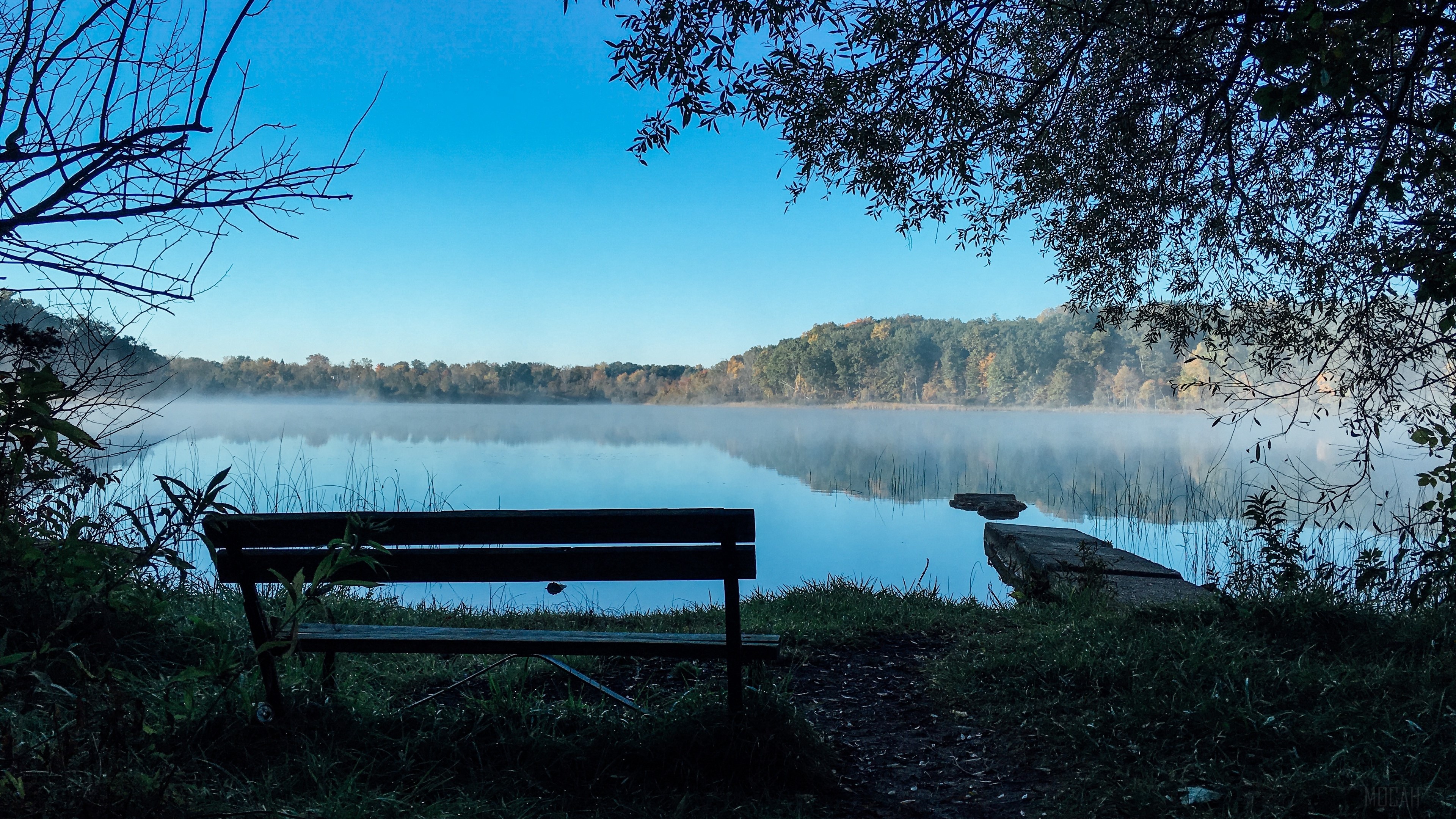 Bench by a misty lake with trees 4K HD Wallpaper