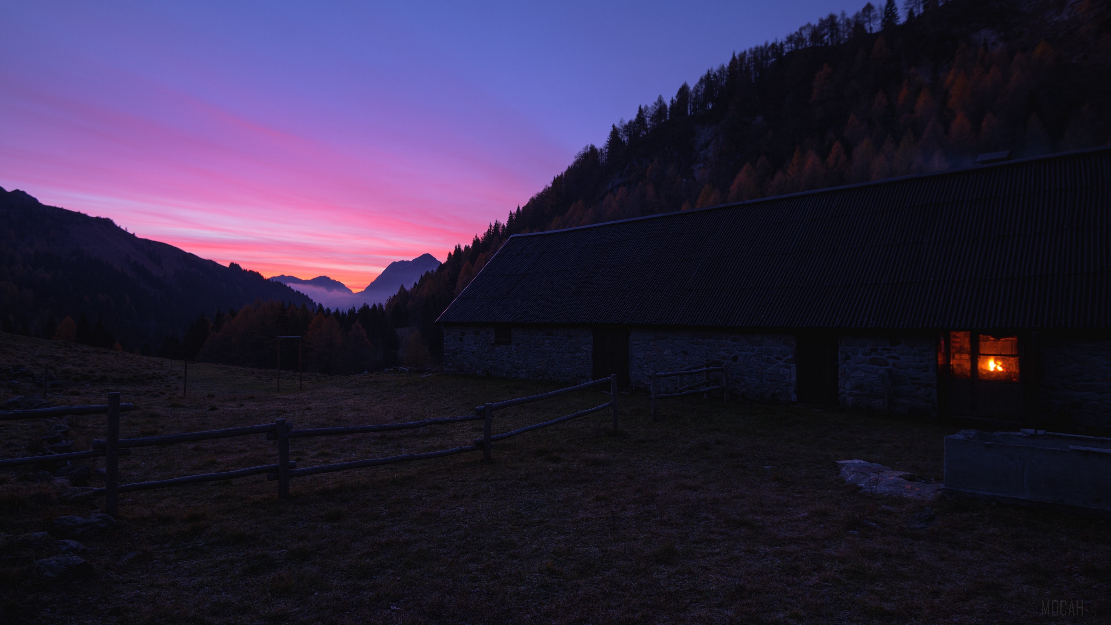 Mountains and cabin at sunset 4K HD Wallpaper