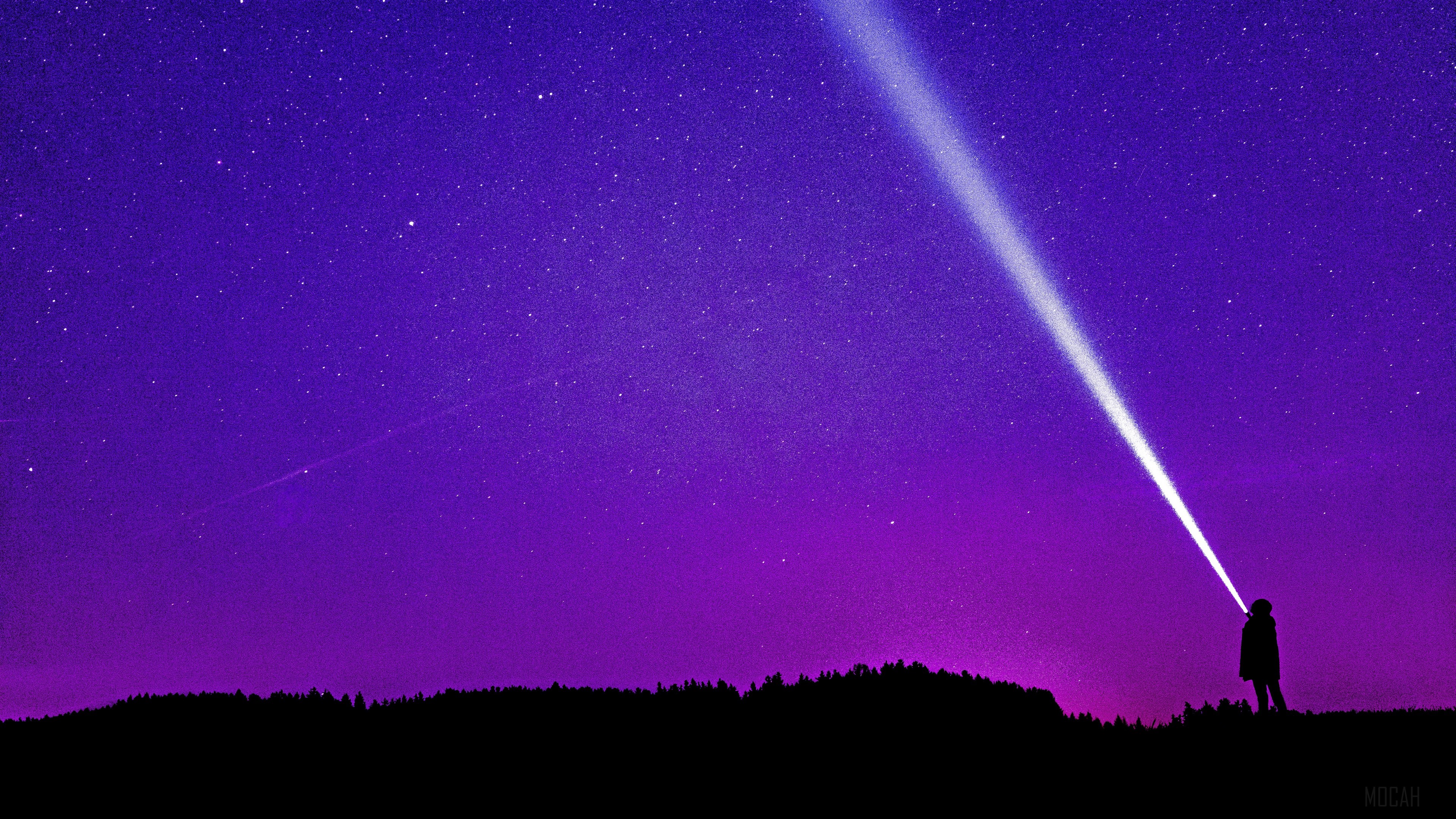 Man with flashlight under starry sky 4K HD Wallpaper