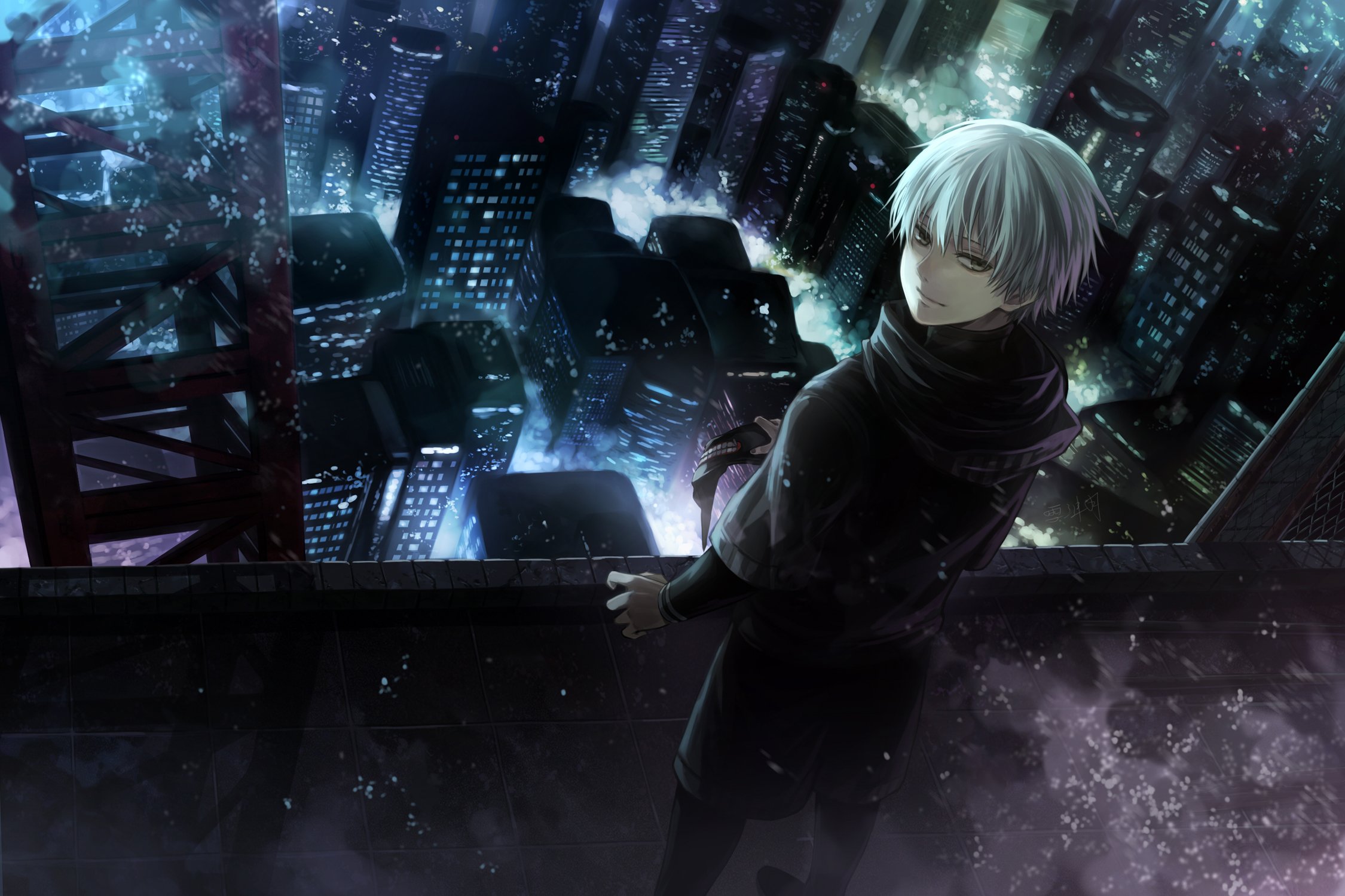 Ken Kaneki from Tokyo Ghoul on a rooftop overlooking a city at night HD Wallpaper