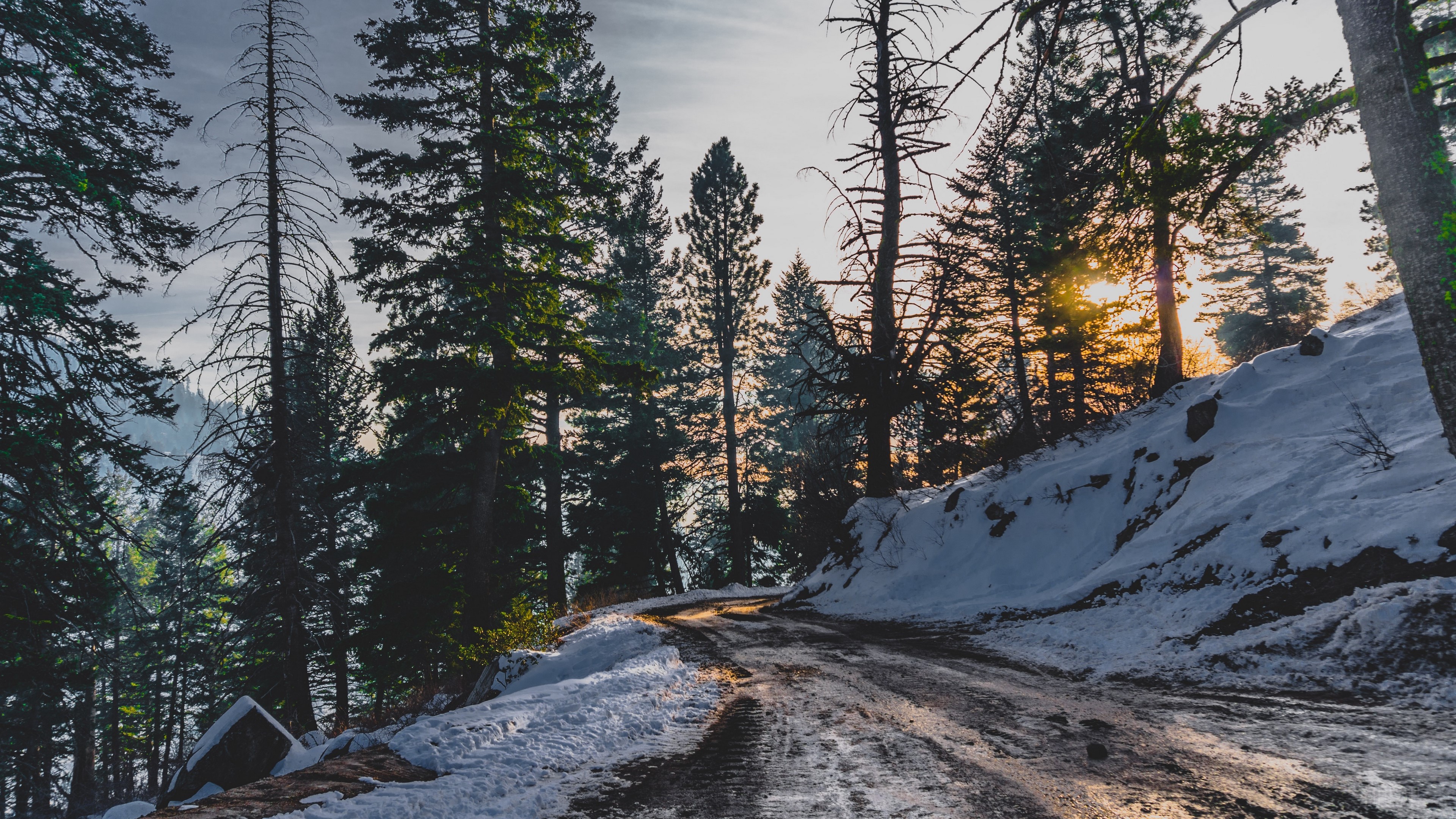 Snowy mountain road through pine forest at sunset 4K HD Wallpaper