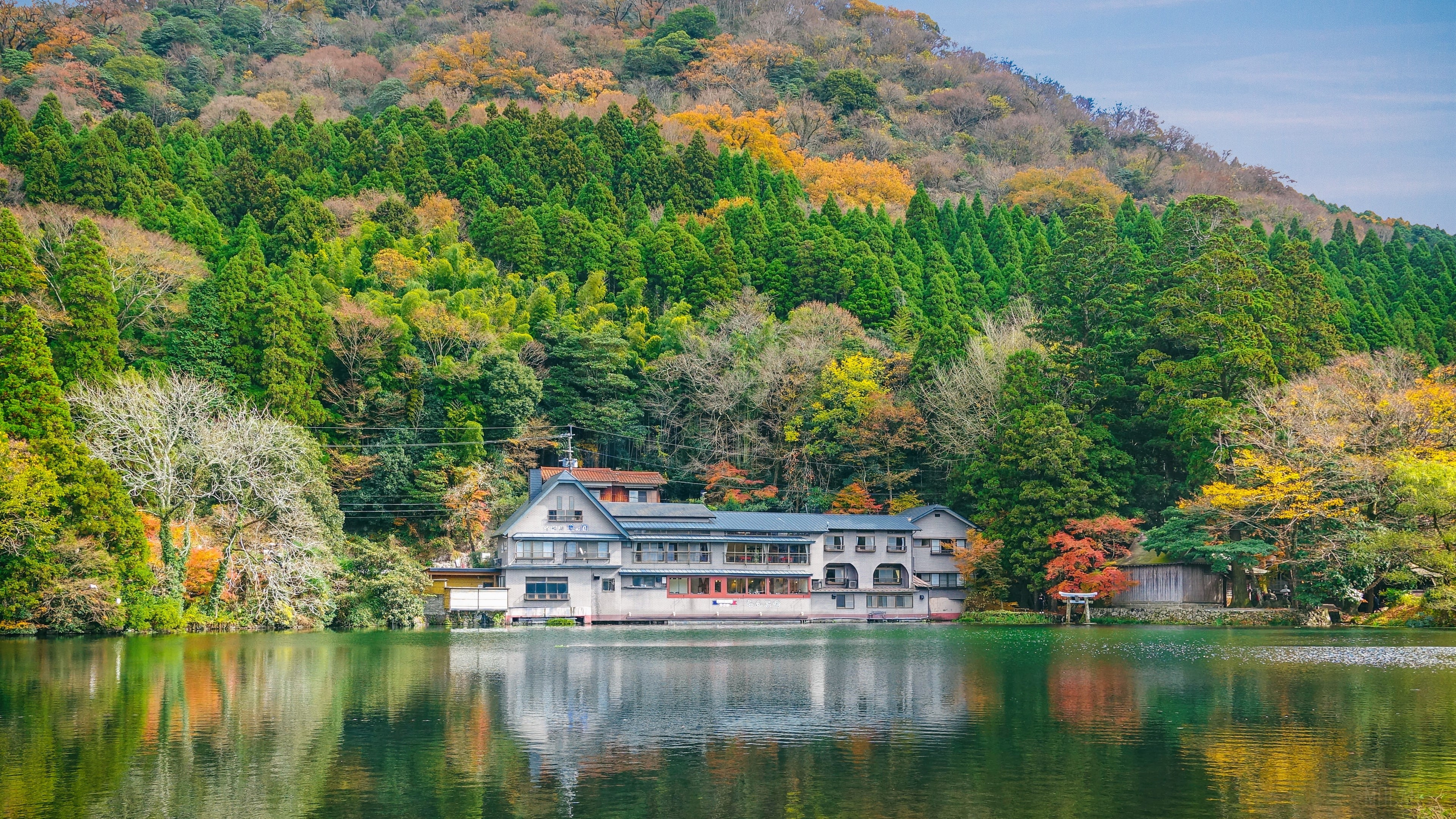 Building on a lake with autumn trees and reflection HD Wallpaper