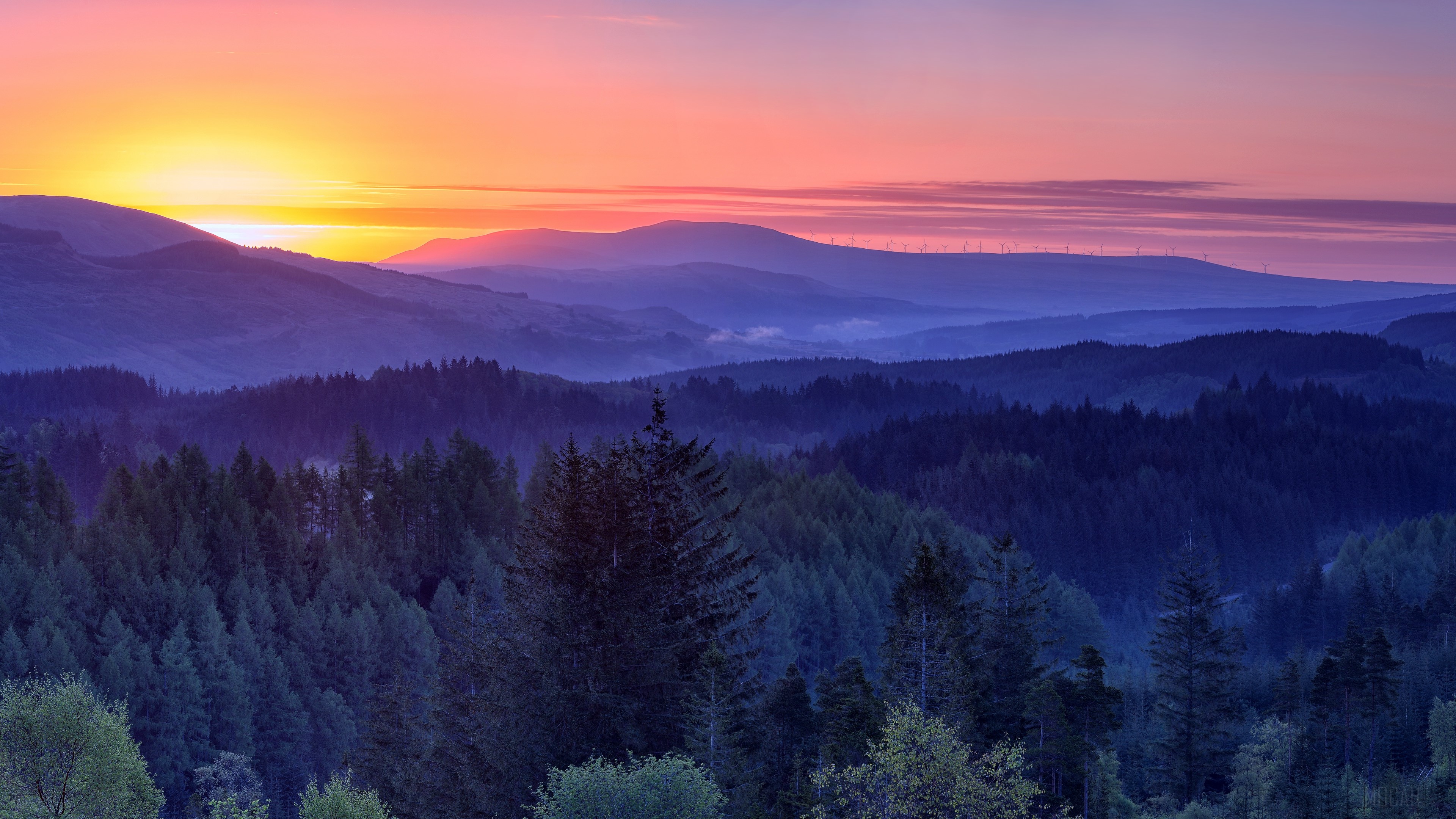 Sunset over mountains and forest in Scotland 4K HD Wallpaper
