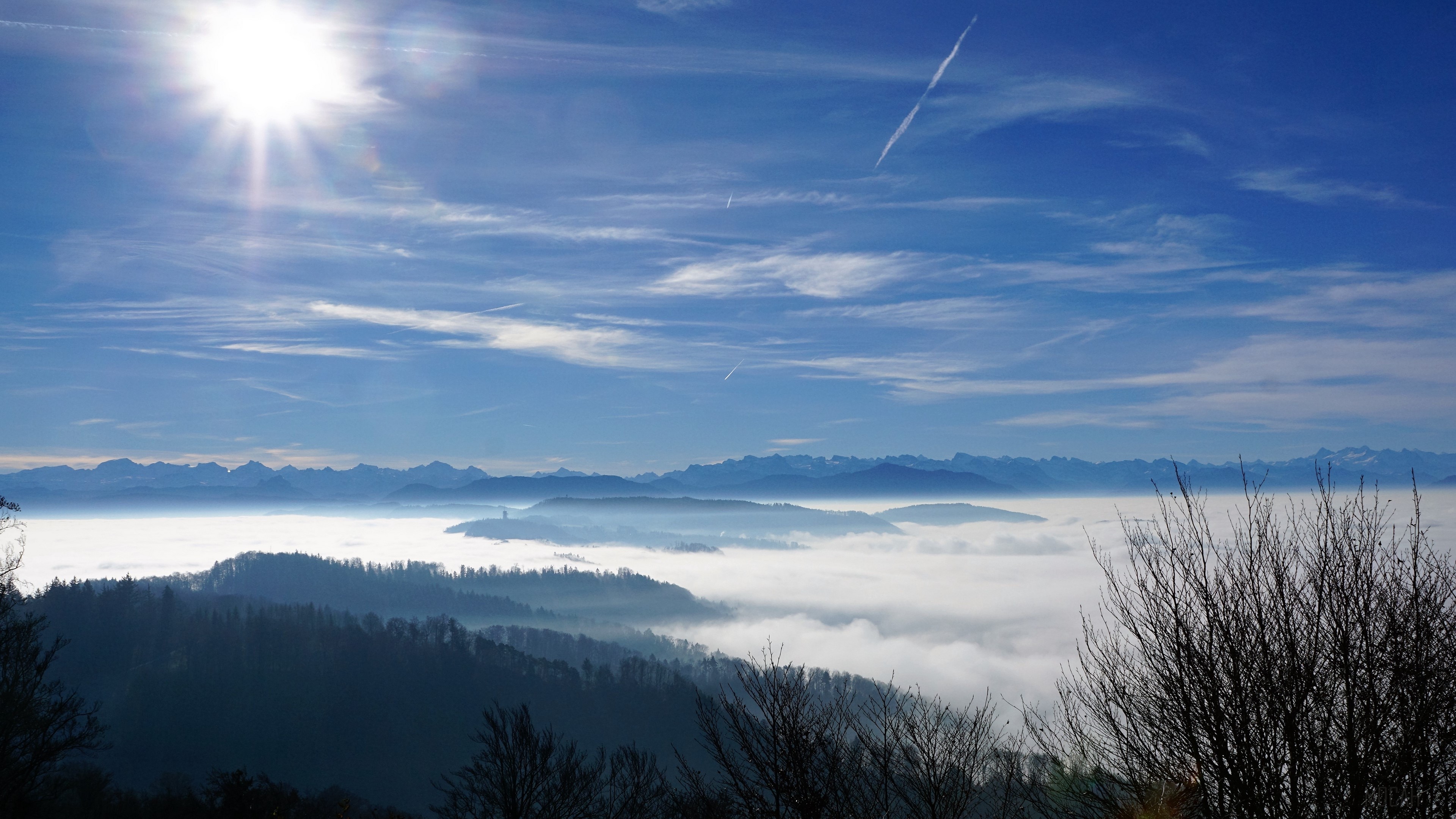 Zurich, Switzerland mountain landscape with fog and sun HD Wallpaper