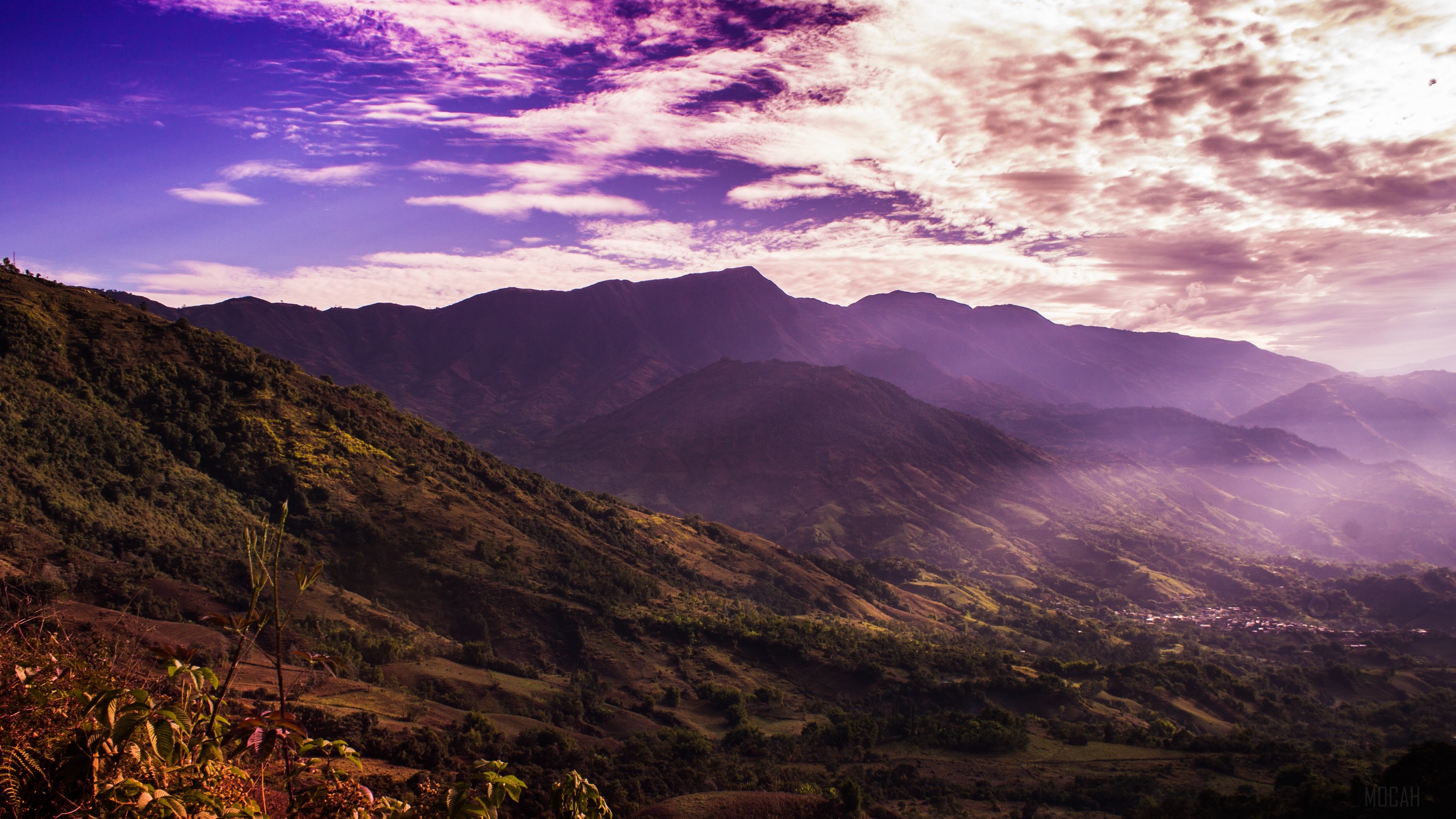 Mountains and sky with purple clouds 4K HD Wallpaper