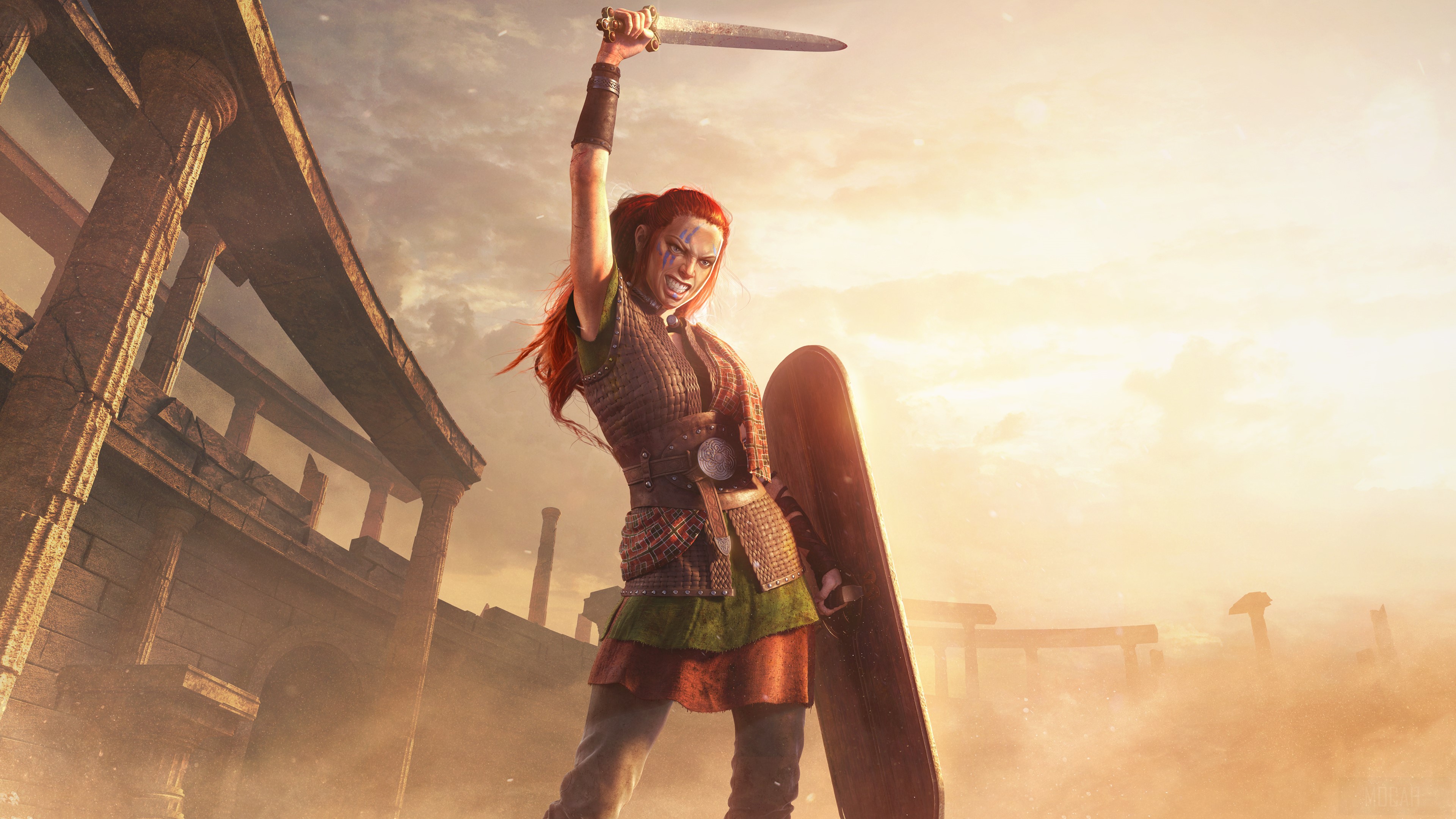 Warrior woman with sword and shield in Total War Arena 4K HD Wallpaper