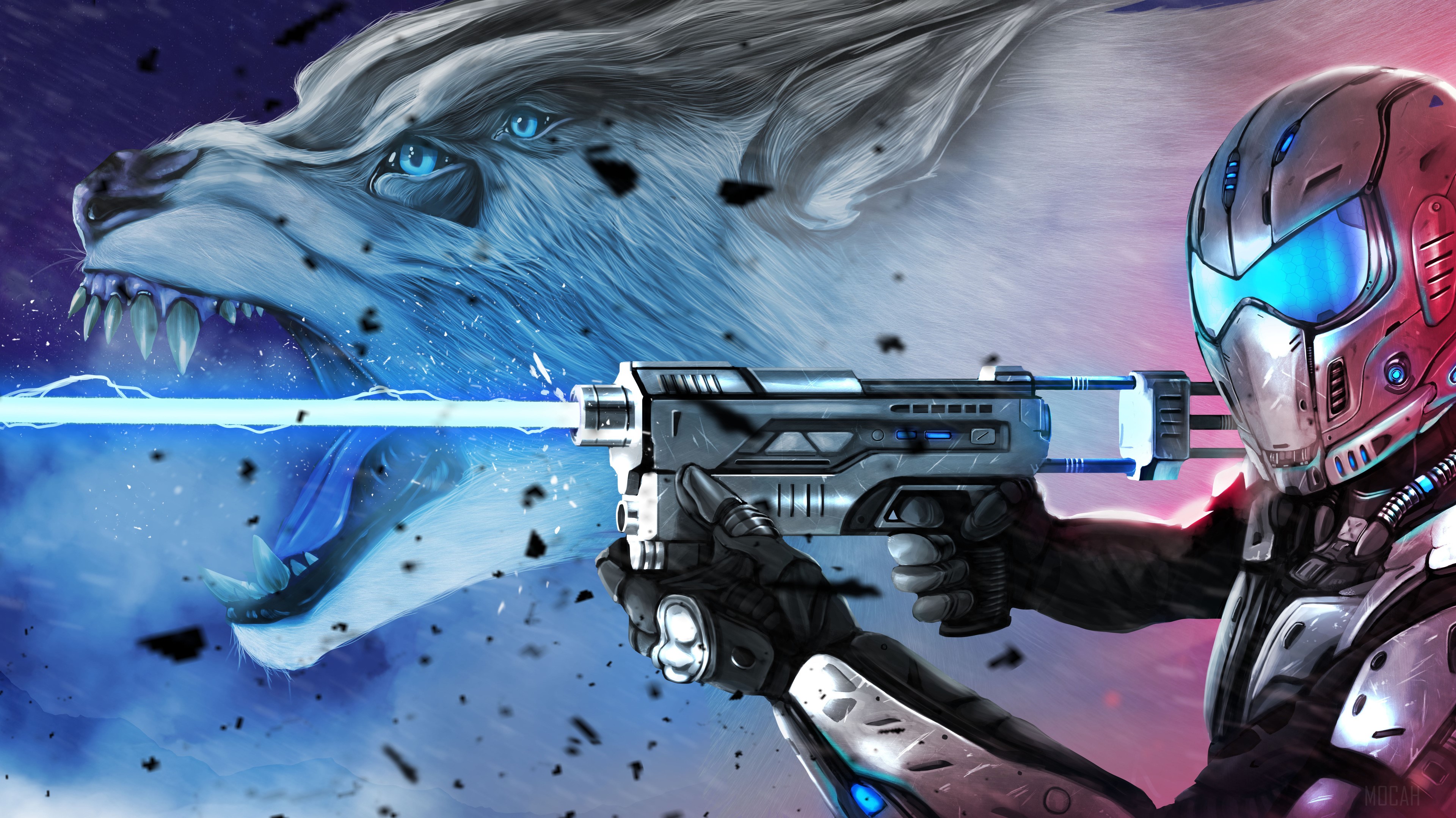 Bounty Hunter Shoots Laser at Wolf HD Wallpaper