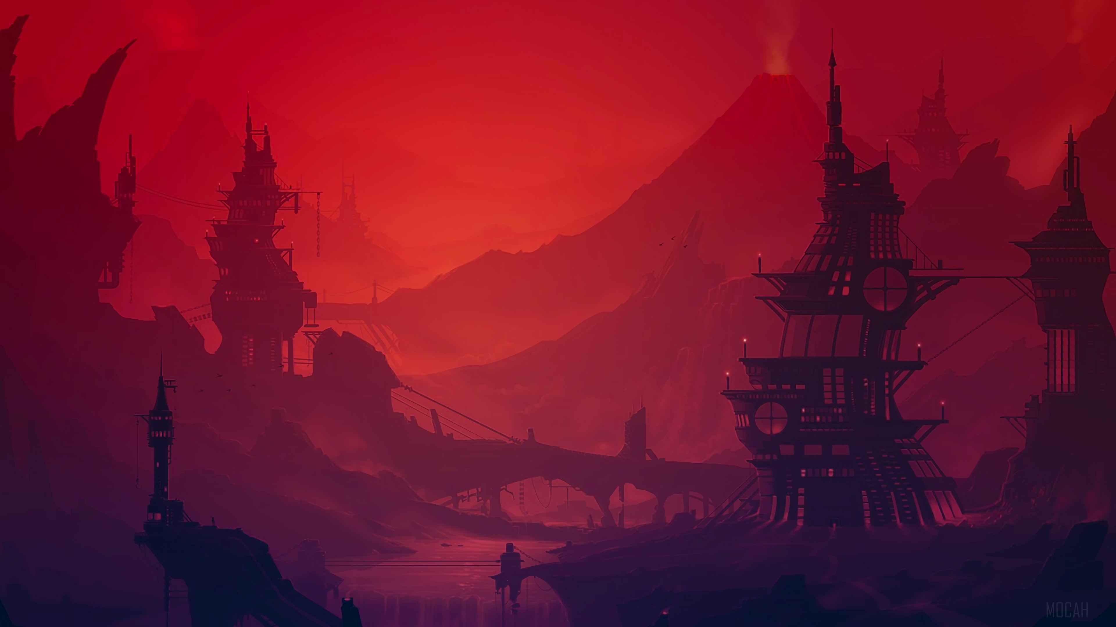 Fantasy landscape with futuristic structures and volcanoes 4K HD Wallpaper