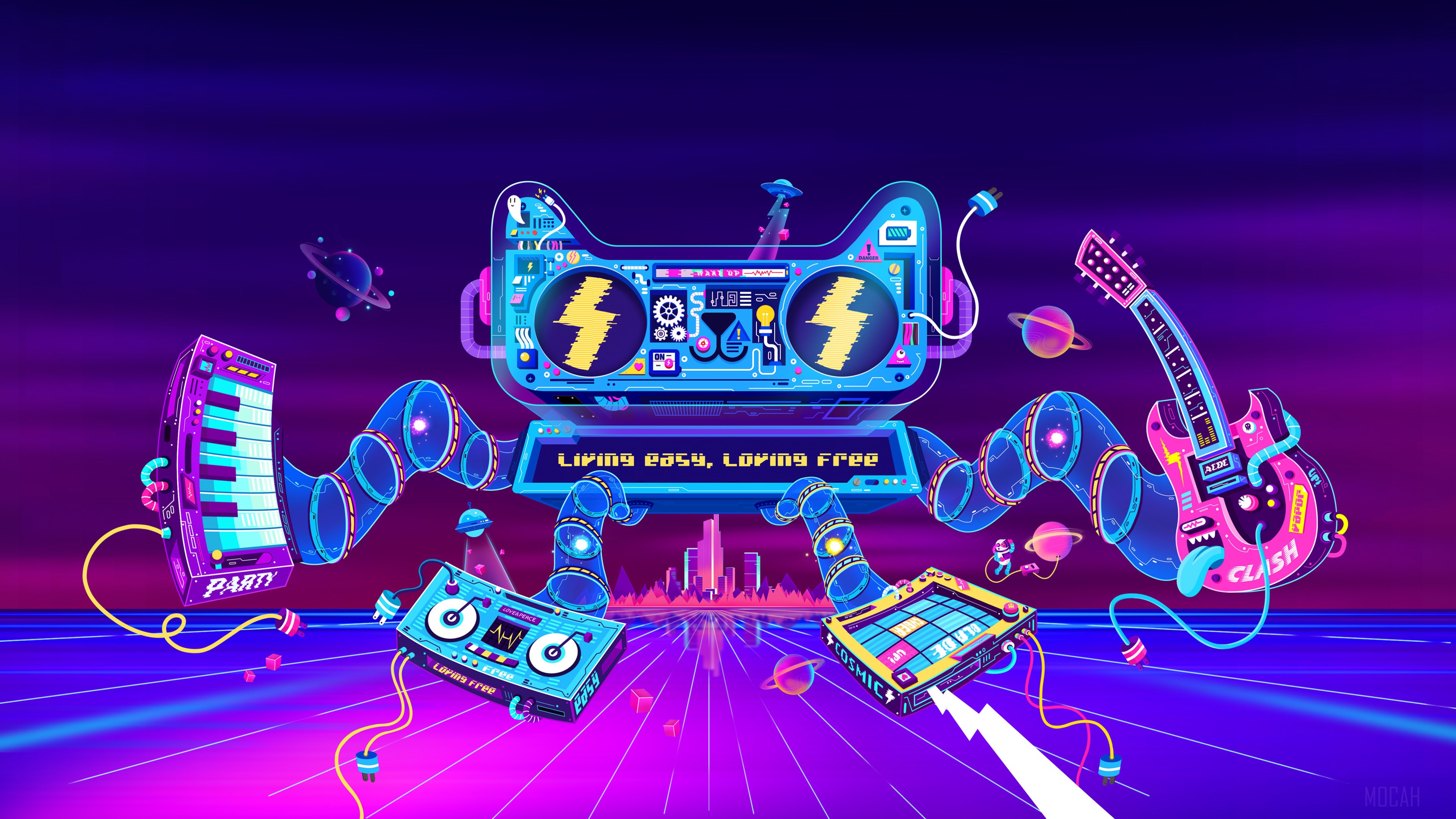 Retro Boombox Robot with Musical Instruments in Space HD Wallpaper