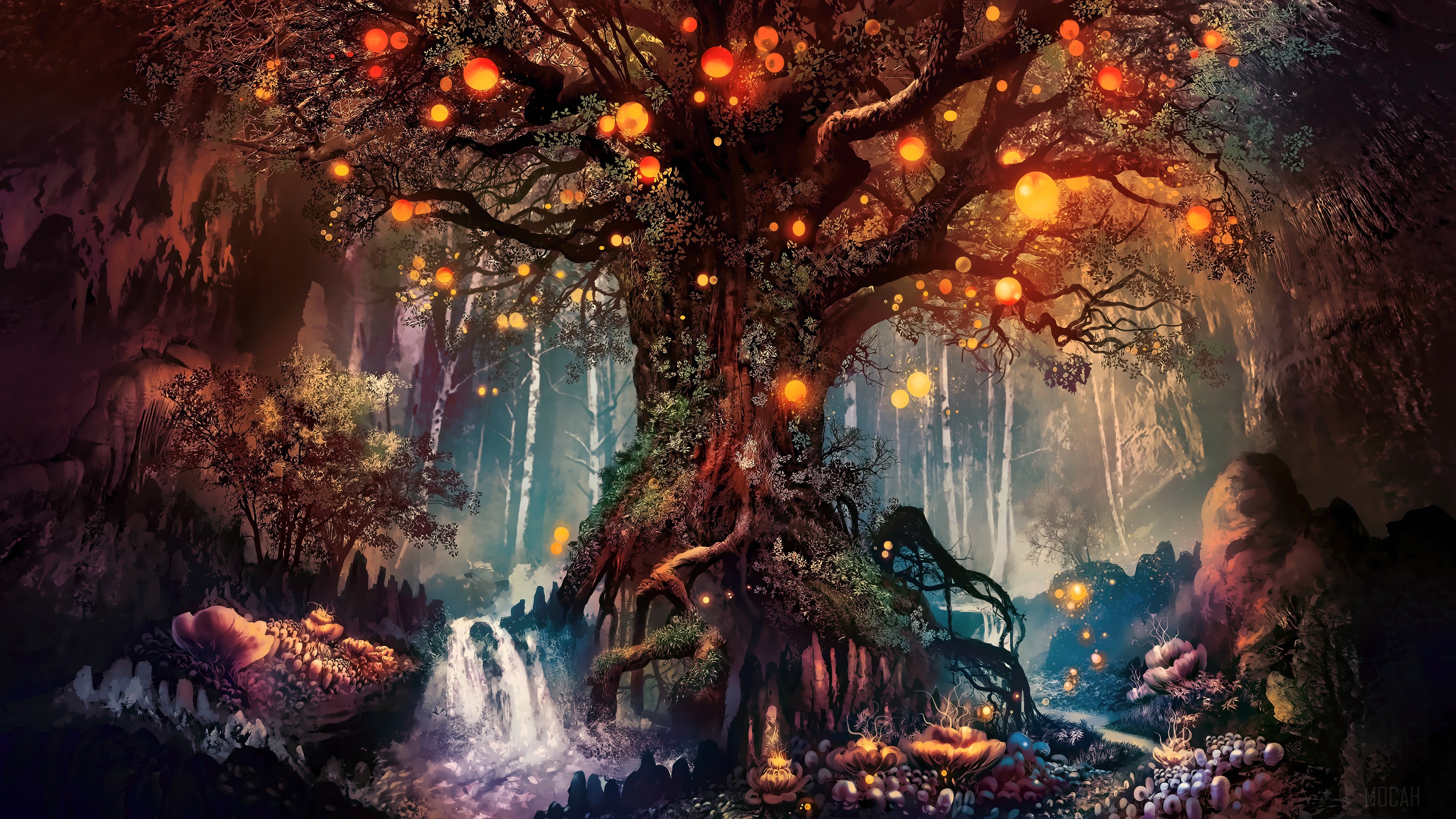 Fantasy Forest with Glowing Orbs and Waterfall 4K HD Wallpaper