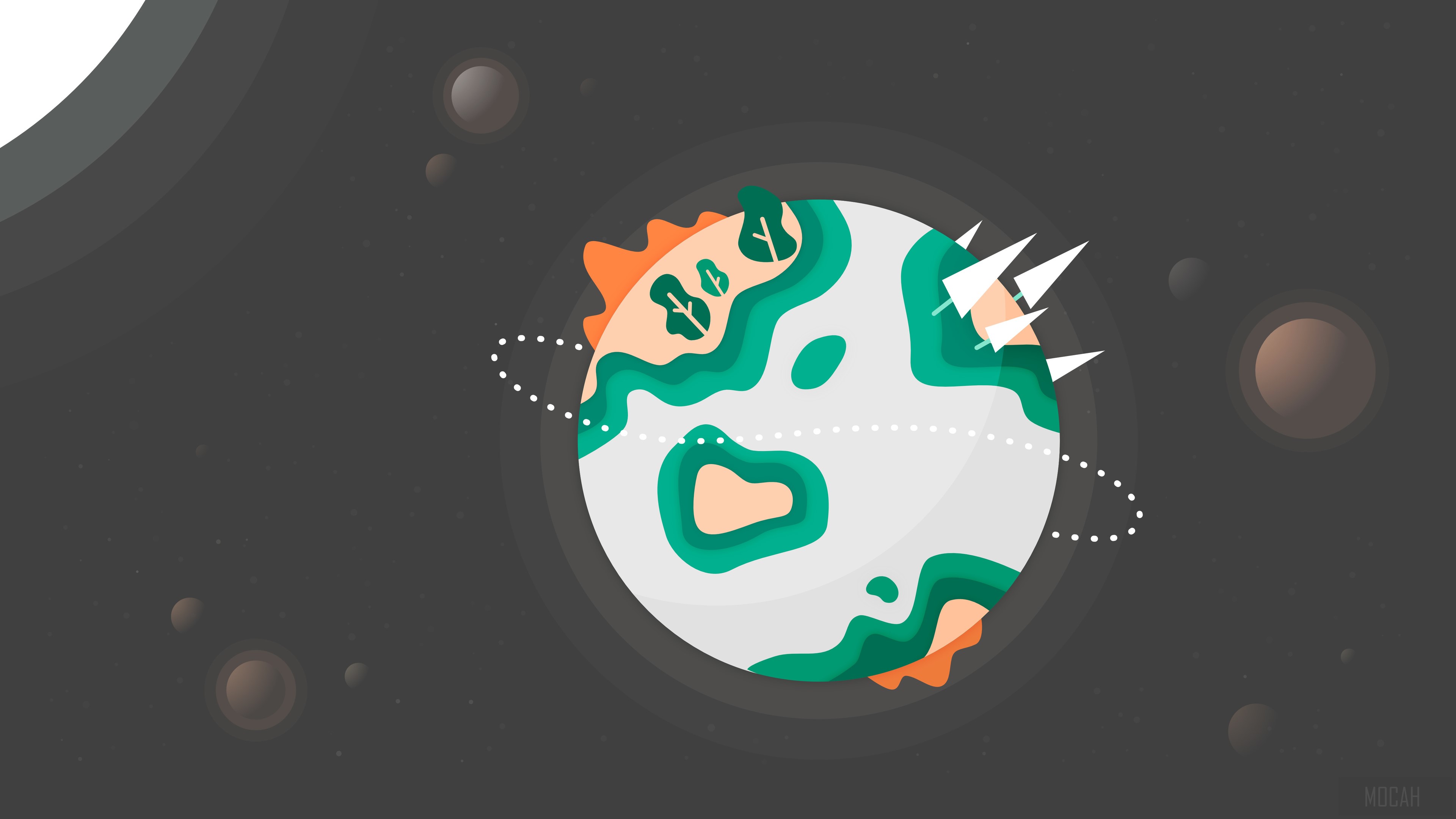 Minimalist Planet with Trees and Spaceships in Space 4K HD Wallpaper