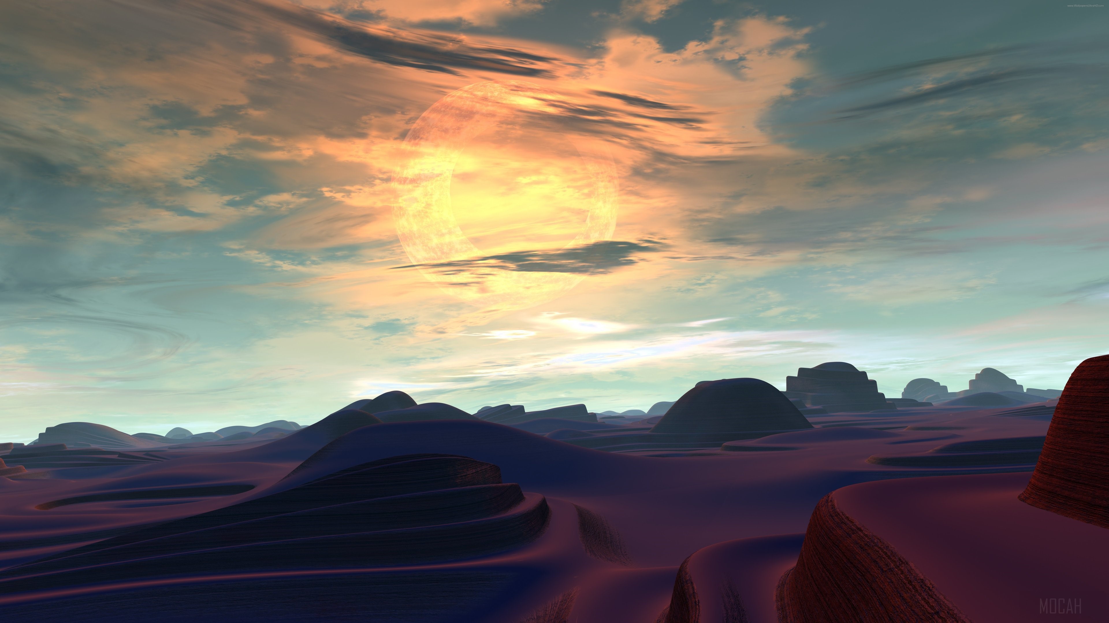 Sci-fi alien landscape with large sun HD Wallpaper