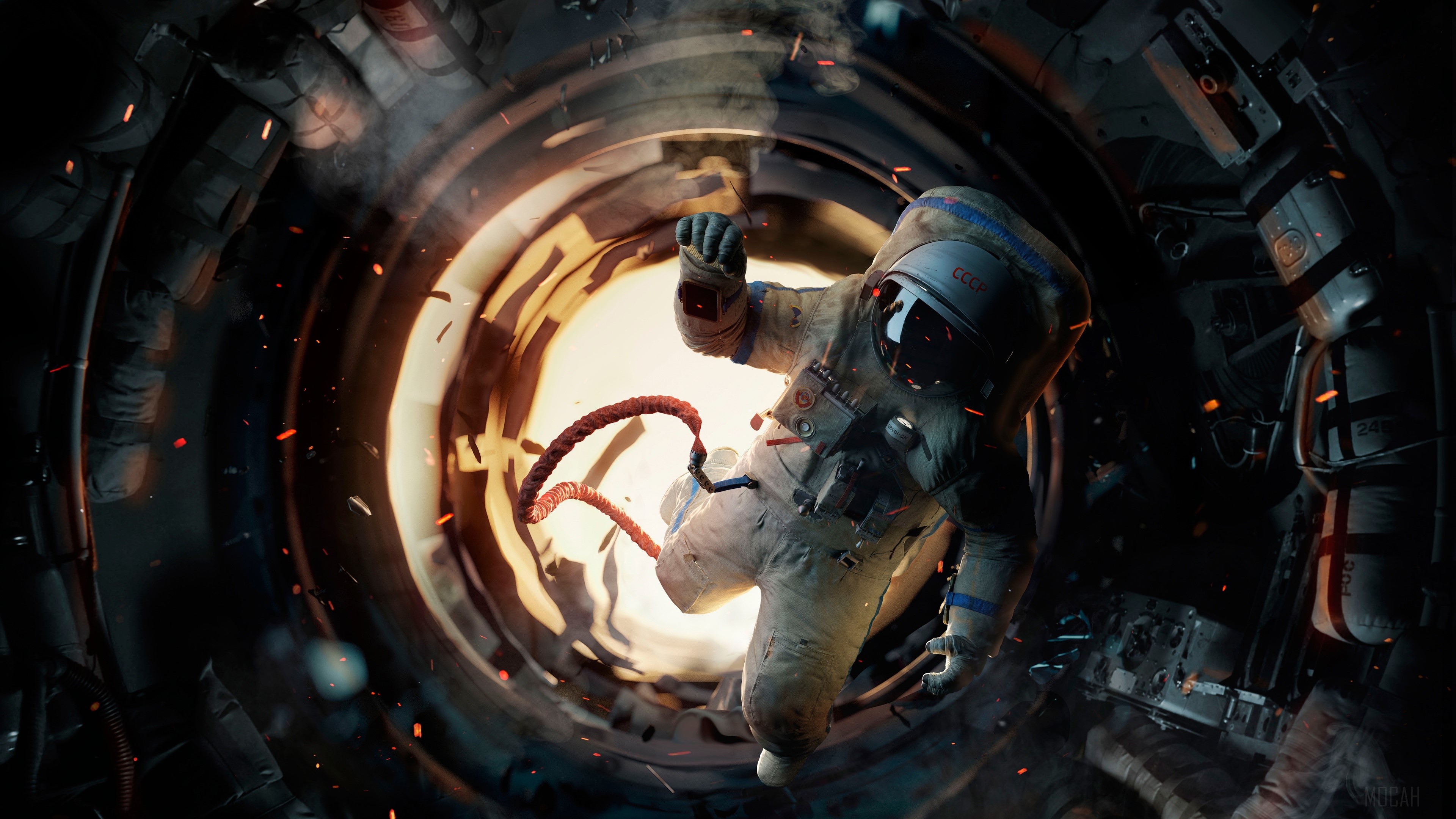 Astronaut in a damaged space tunnel 4K HD Wallpaper
