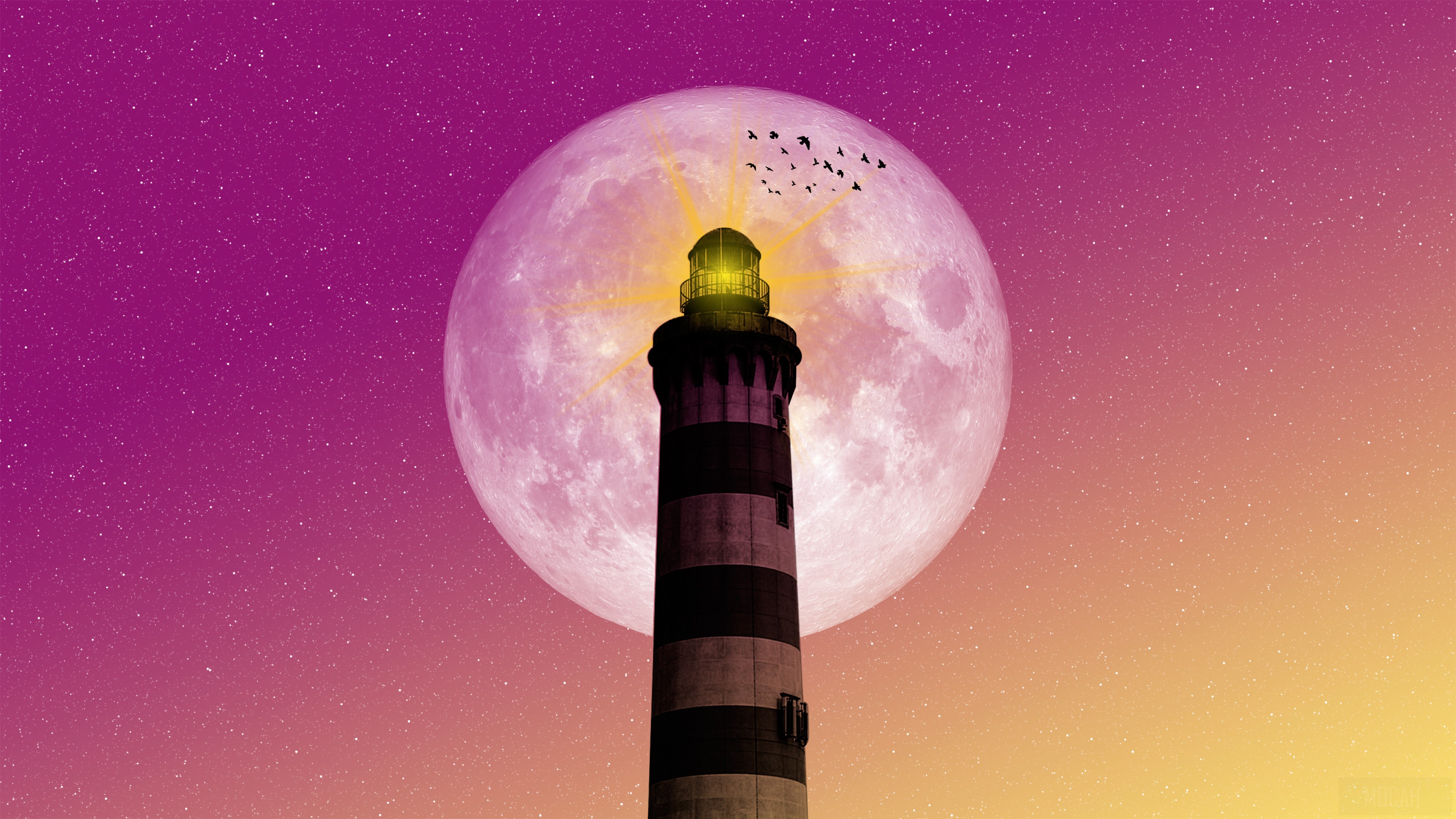 Lighthouse with Moon and Birds 4K HD Wallpaper