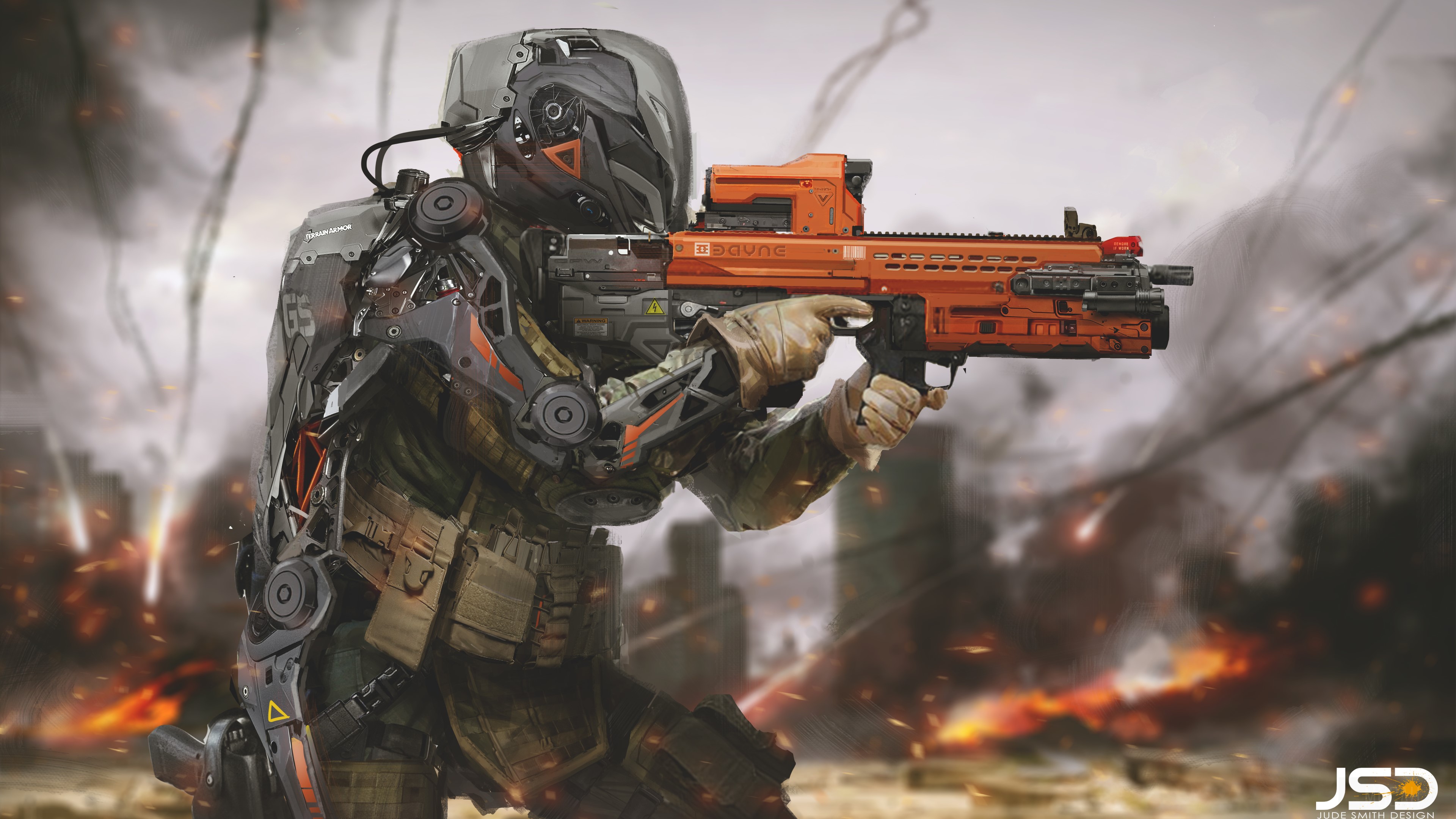 Future Soldier with Orange Rifle 4K HD Wallpaper