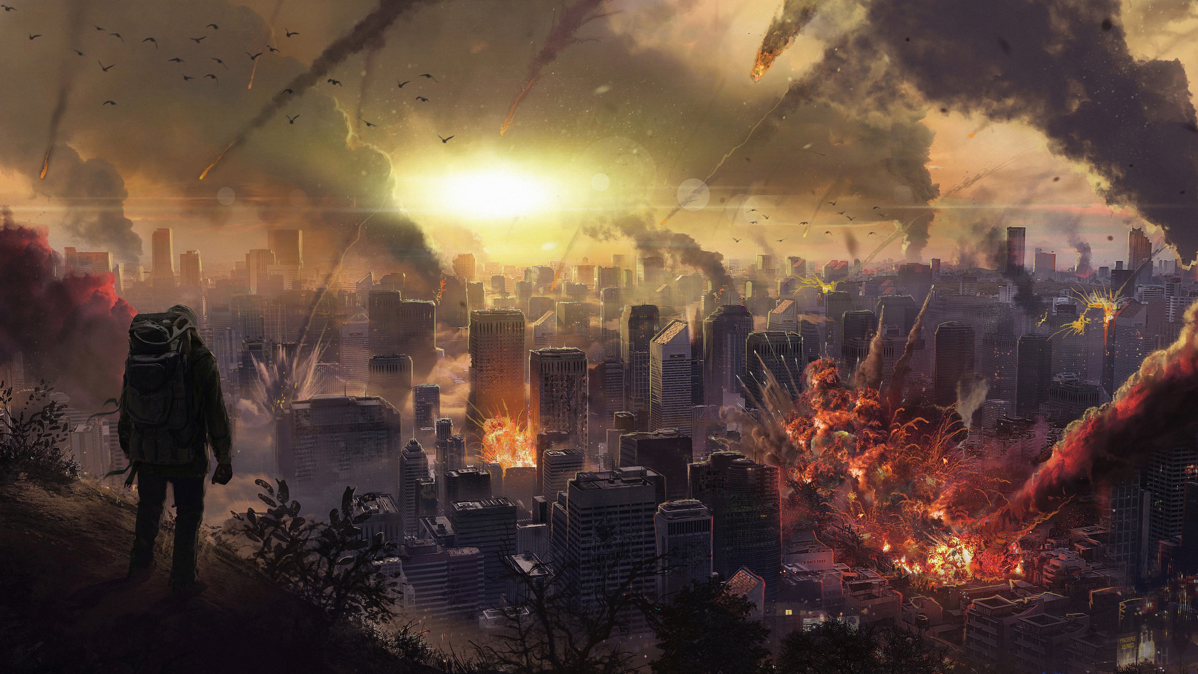 Apocalypse Cityscape with Meteor Shower 4K HD Wallpaper