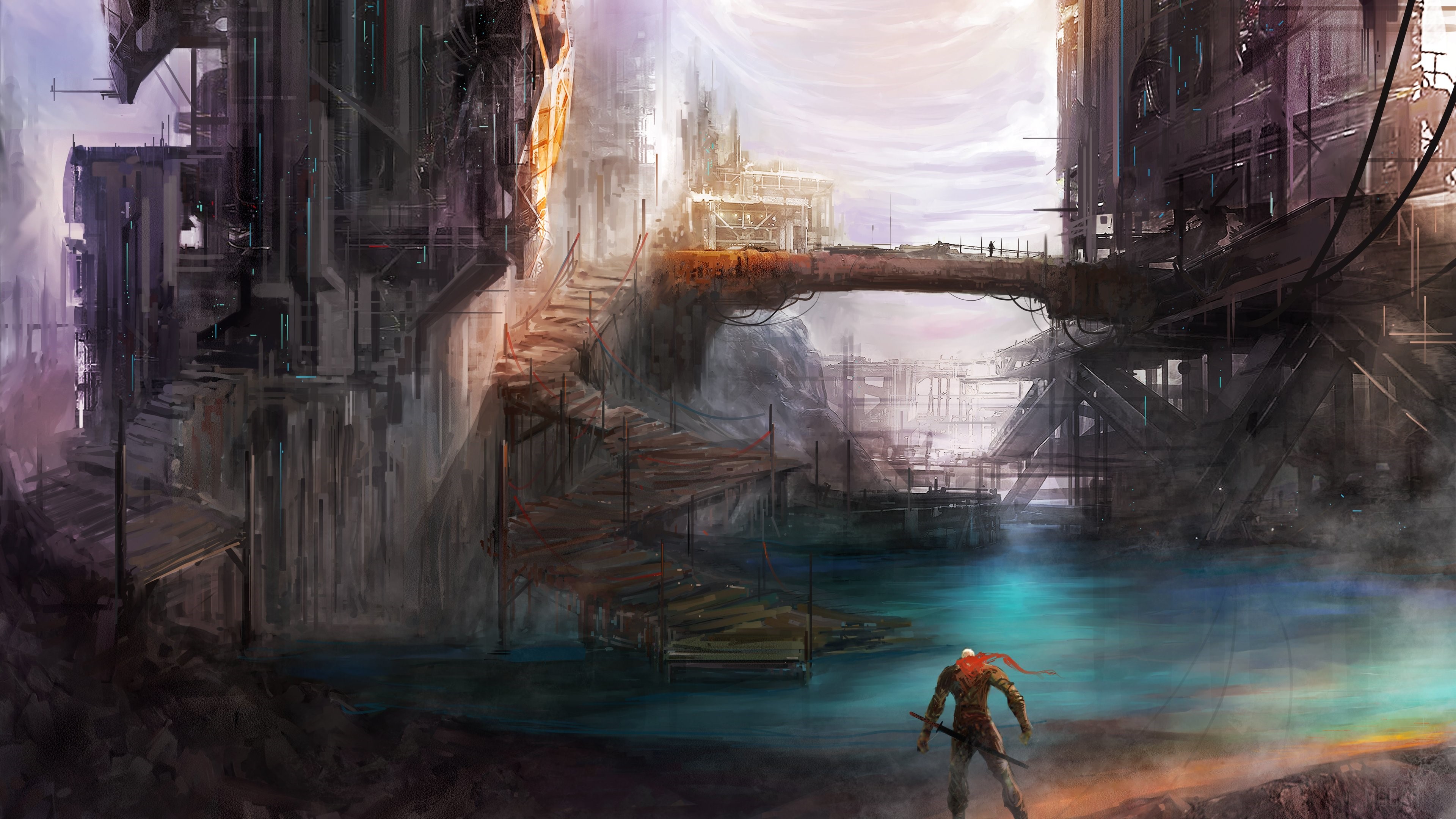 Warrior in a futuristic, industrial fantasy city 4K HD Wallpaper