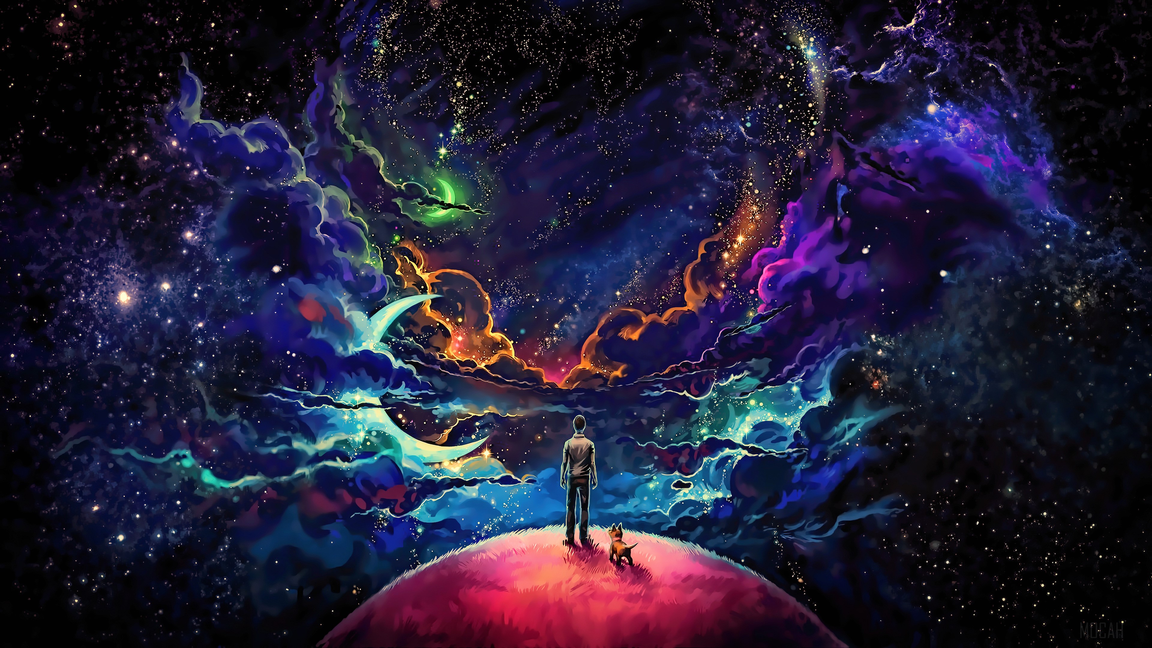 The Little Prince and Dog in a Colorful Galaxy 4K HD Wallpaper
