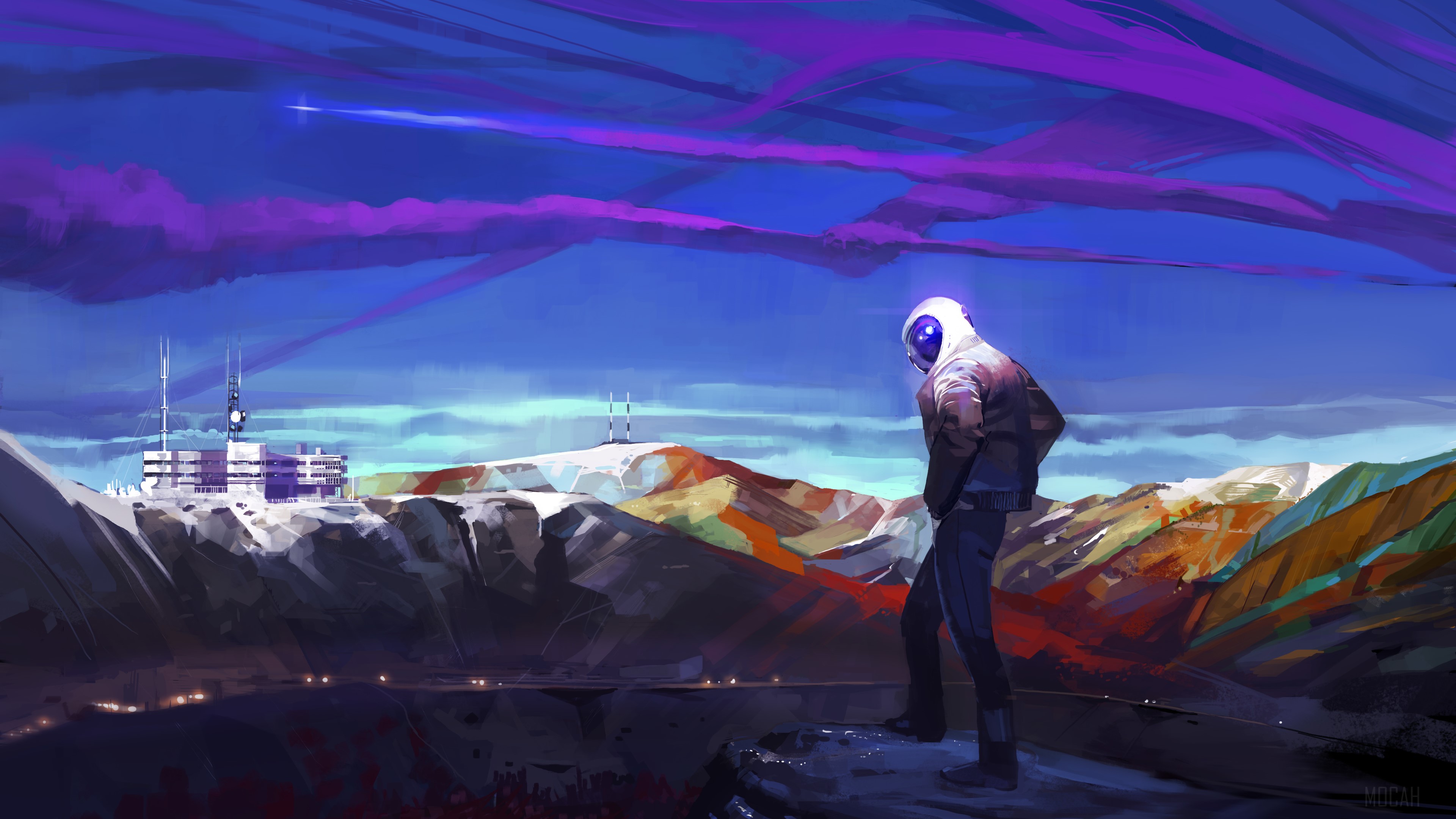 Man in helmet overlooking a futuristic city in mountains 4K HD Wallpaper