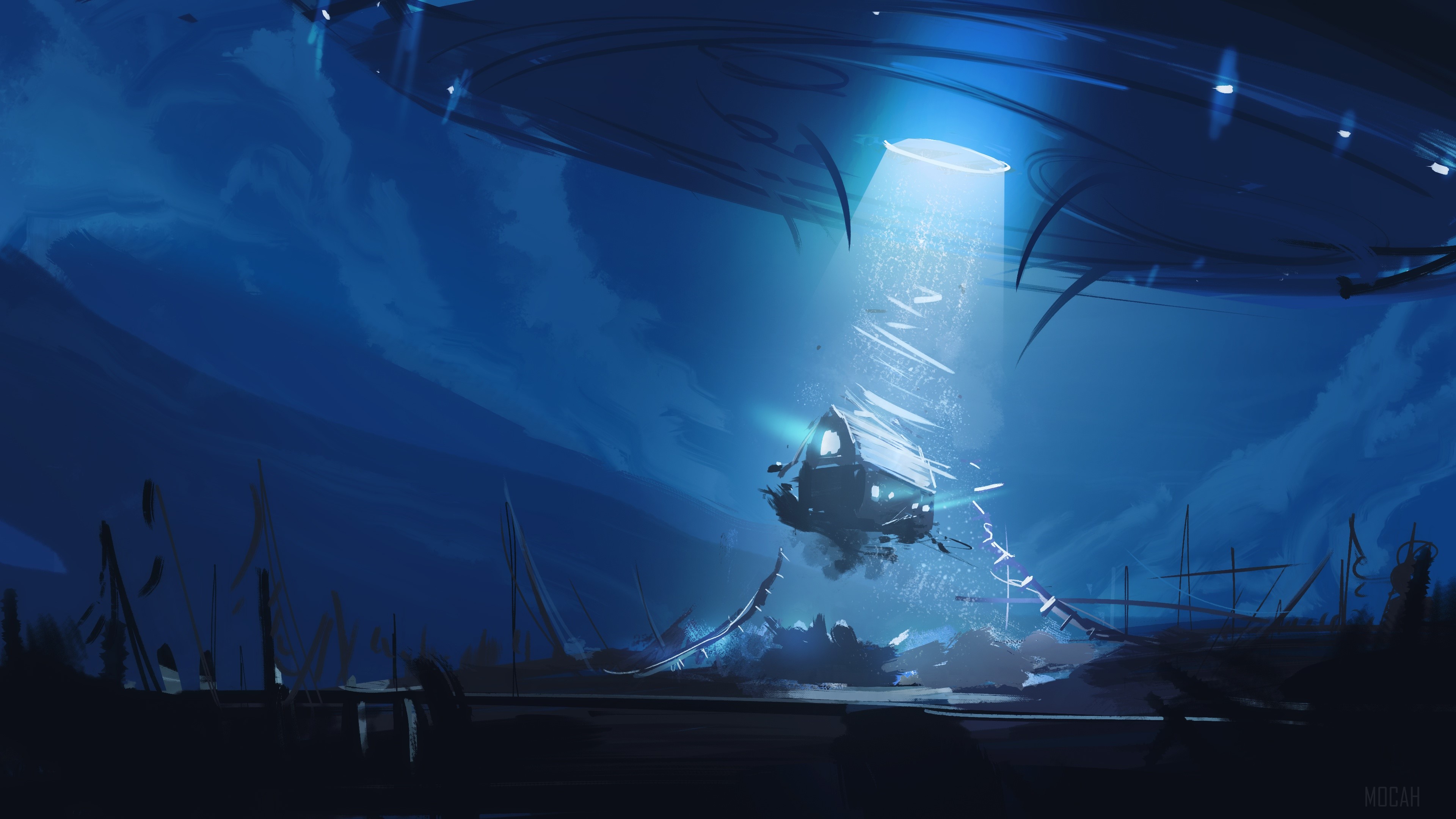 UFO hovering over a harbor with a beam of light HD Wallpaper
