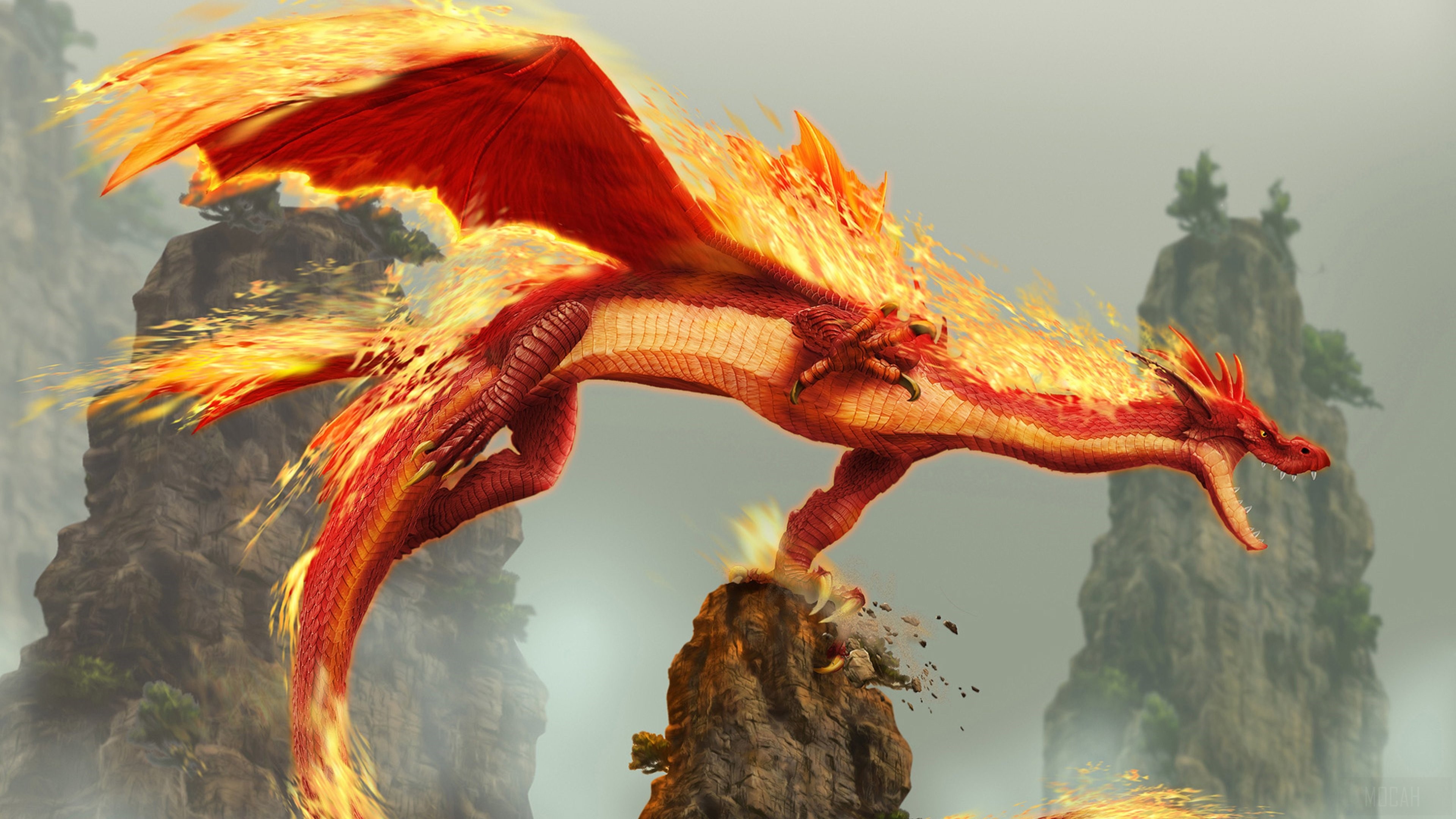 Red Fire Dragon Creature Fantasy 4K HD Wallpaper