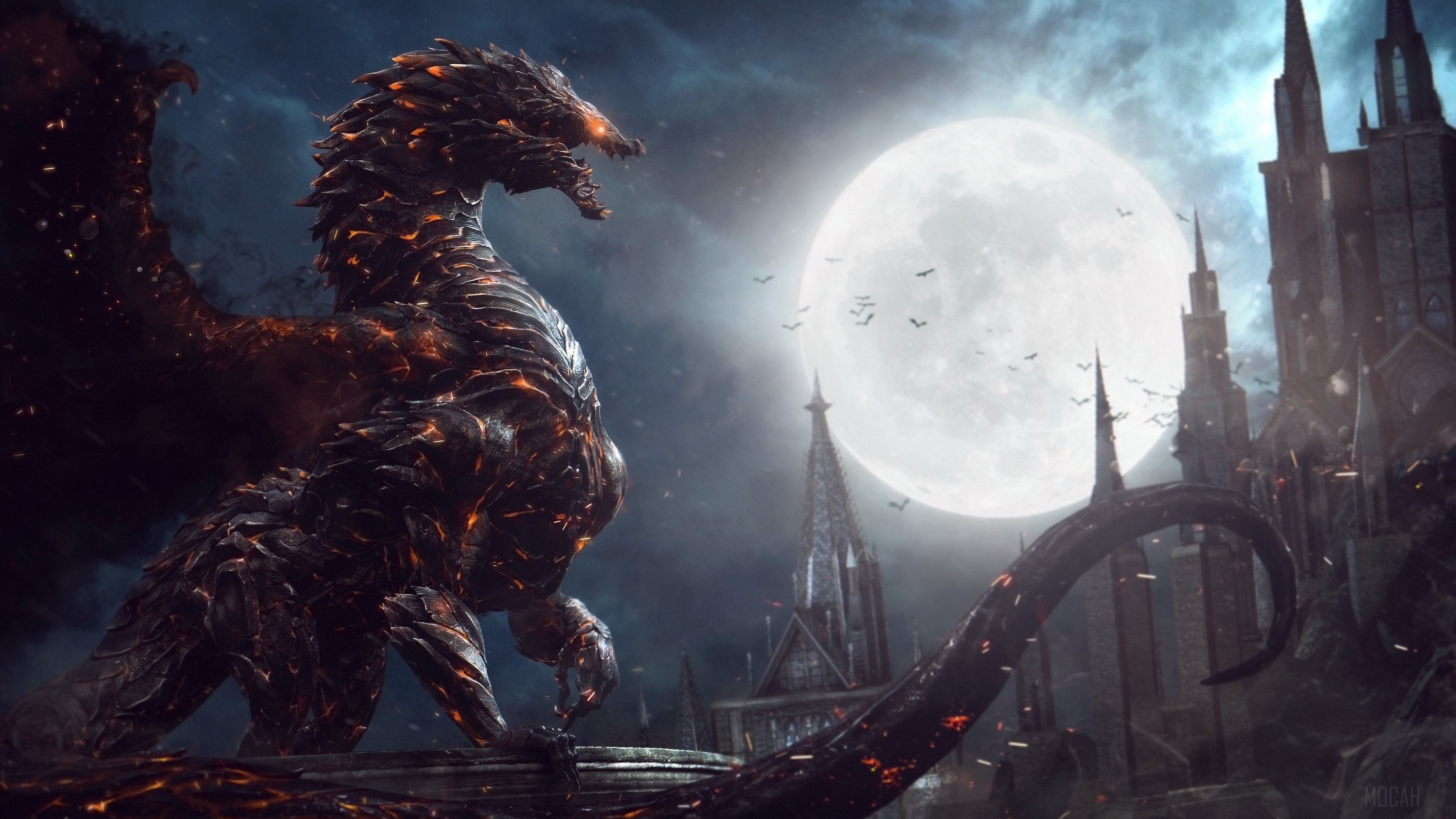 Fiery Dragon near a Gothic Castle under a Full Moon 4K HD Wallpaper