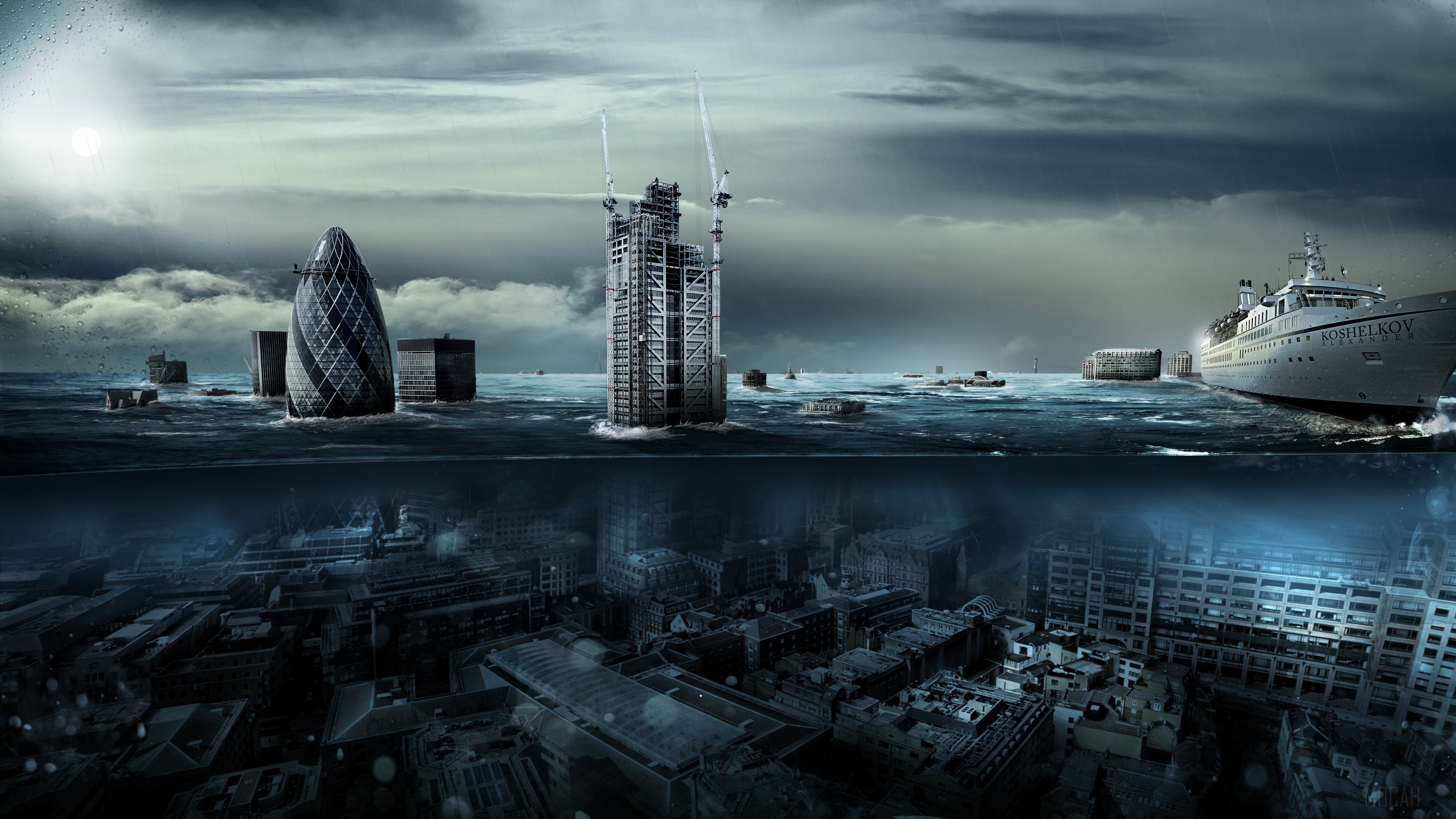 Drowned Cityscape with Ship and Construction HD Wallpaper