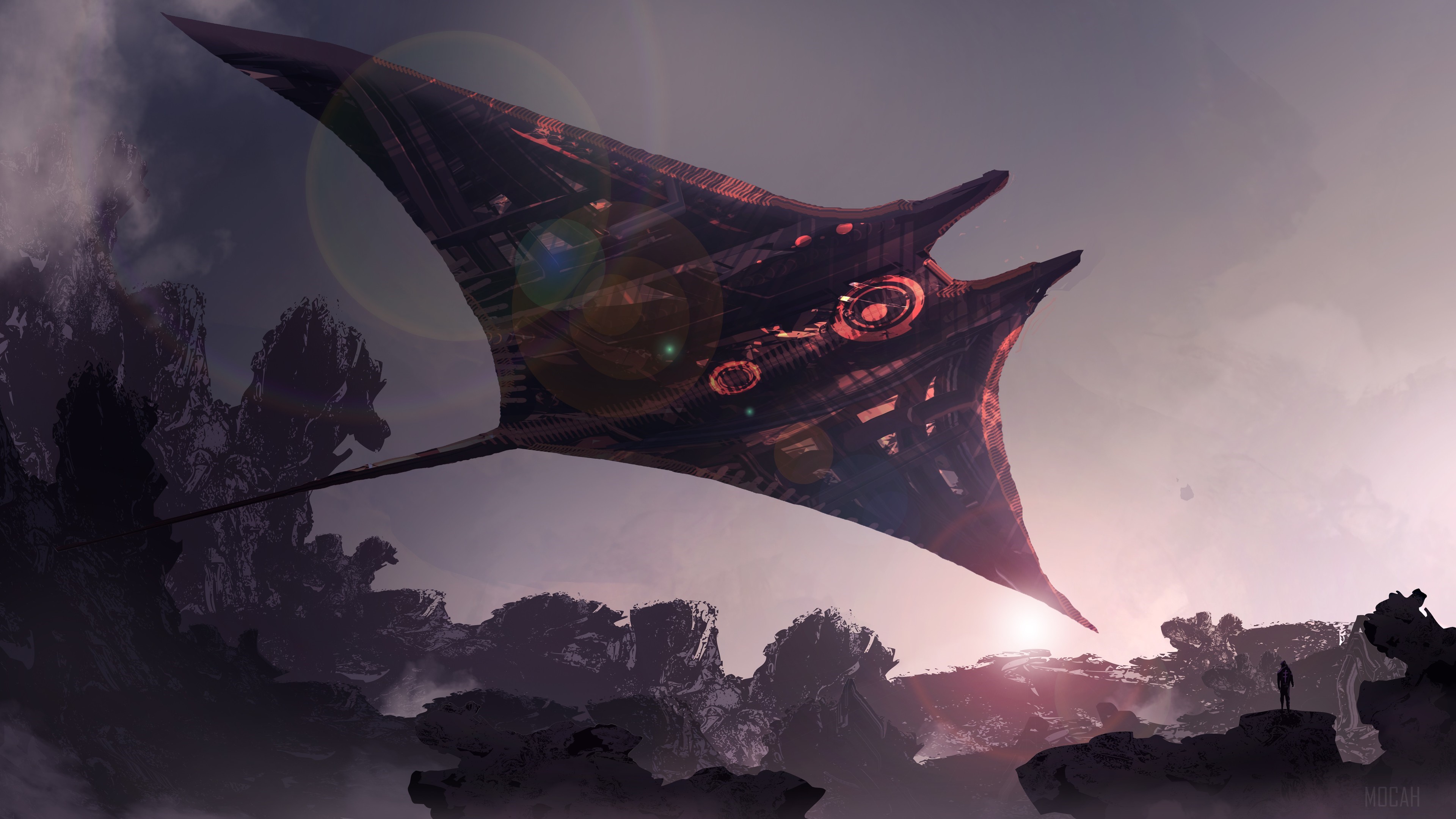 Futuristic Spaceship over Rocky Landscape 4K HD Wallpaper