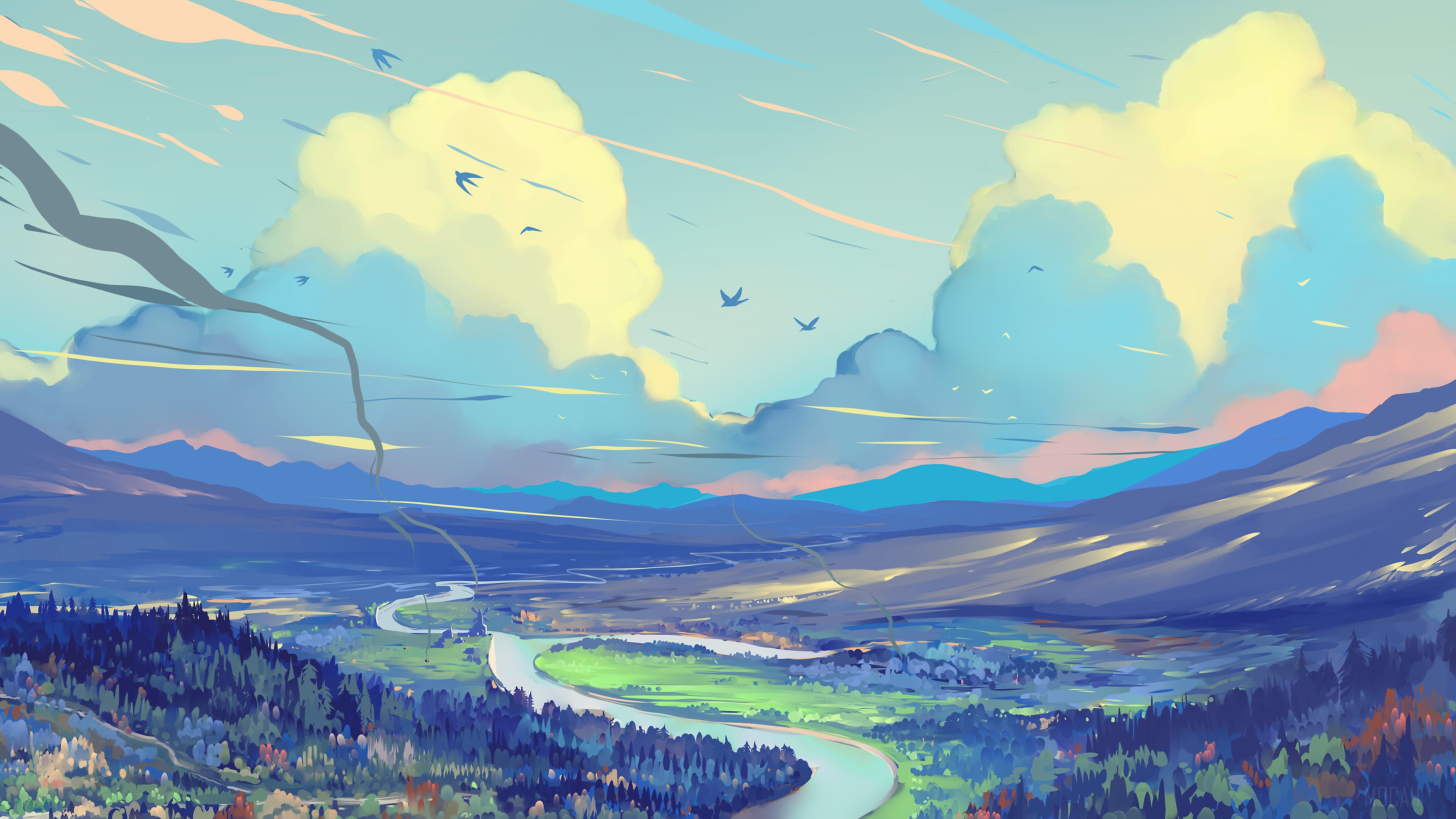 Digital Art Painting of a River Valley Under Clouds 4K HD Wallpaper