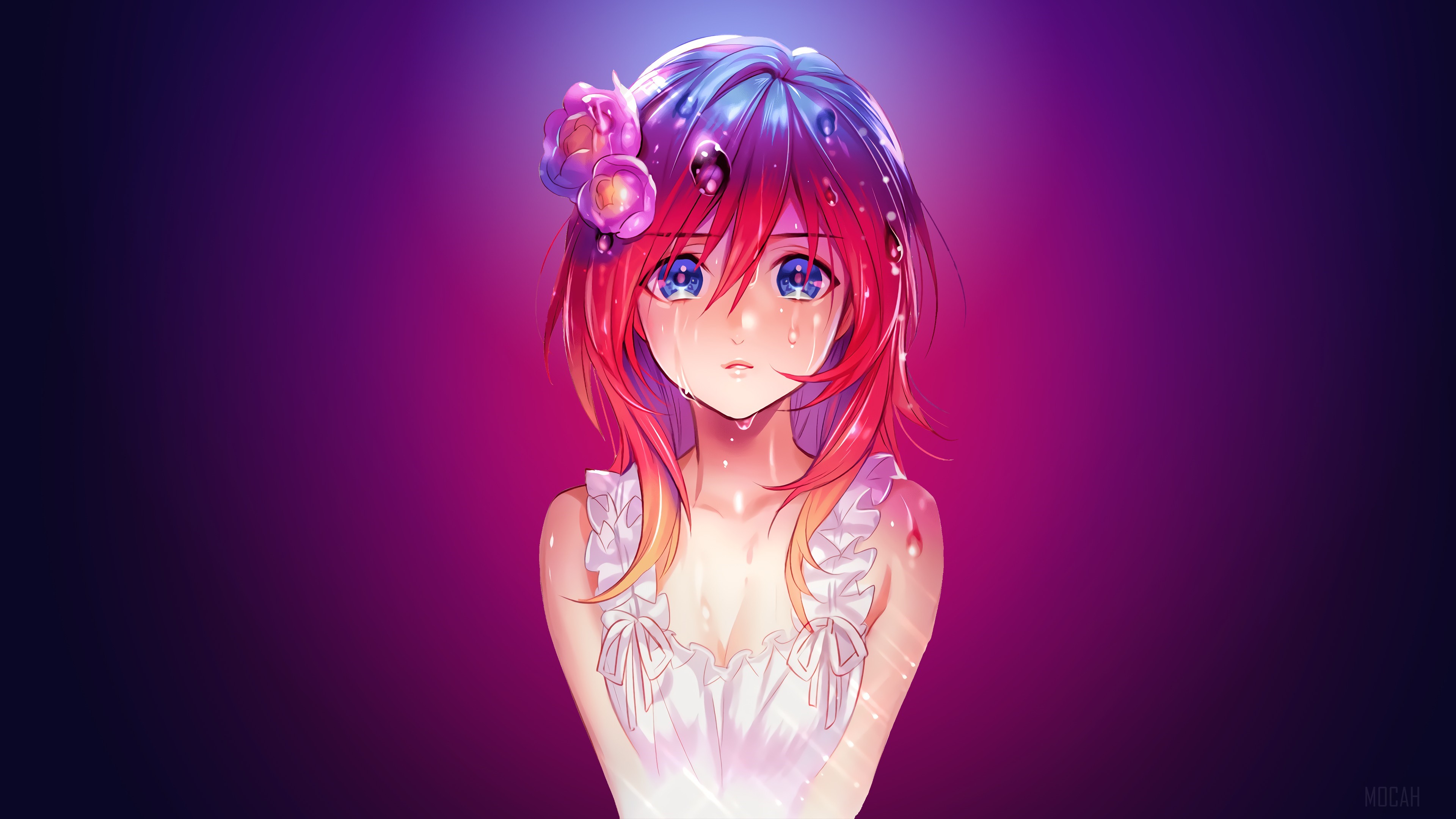 Anime Girl with Water Drops and Flower 4K HD Wallpaper