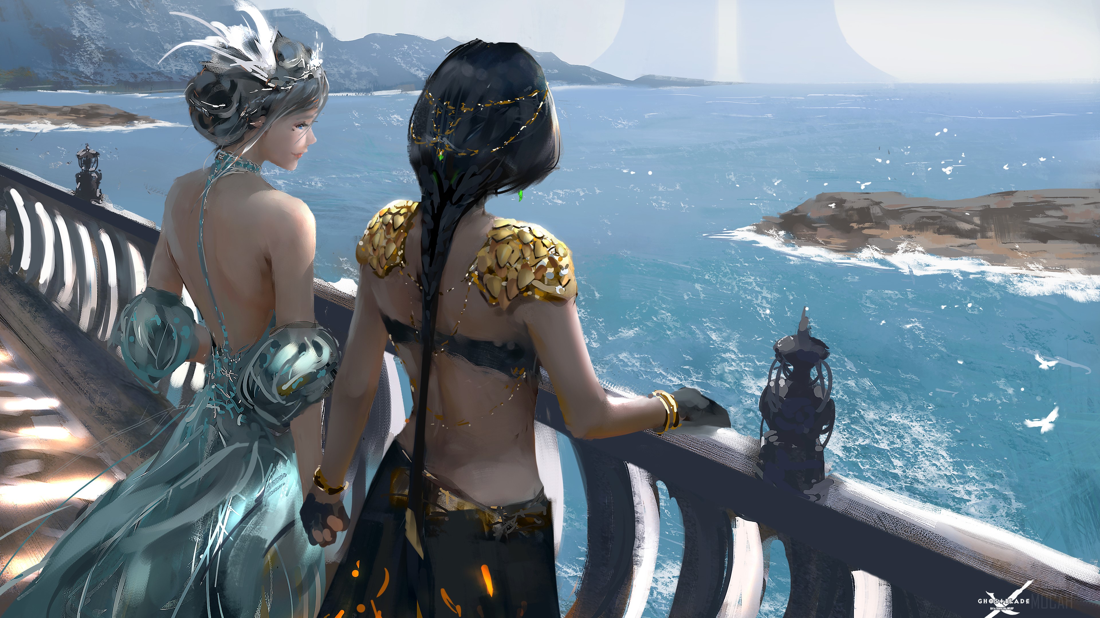 Two women in fantasy attire on a balcony overlooking the sea HD Wallpaper