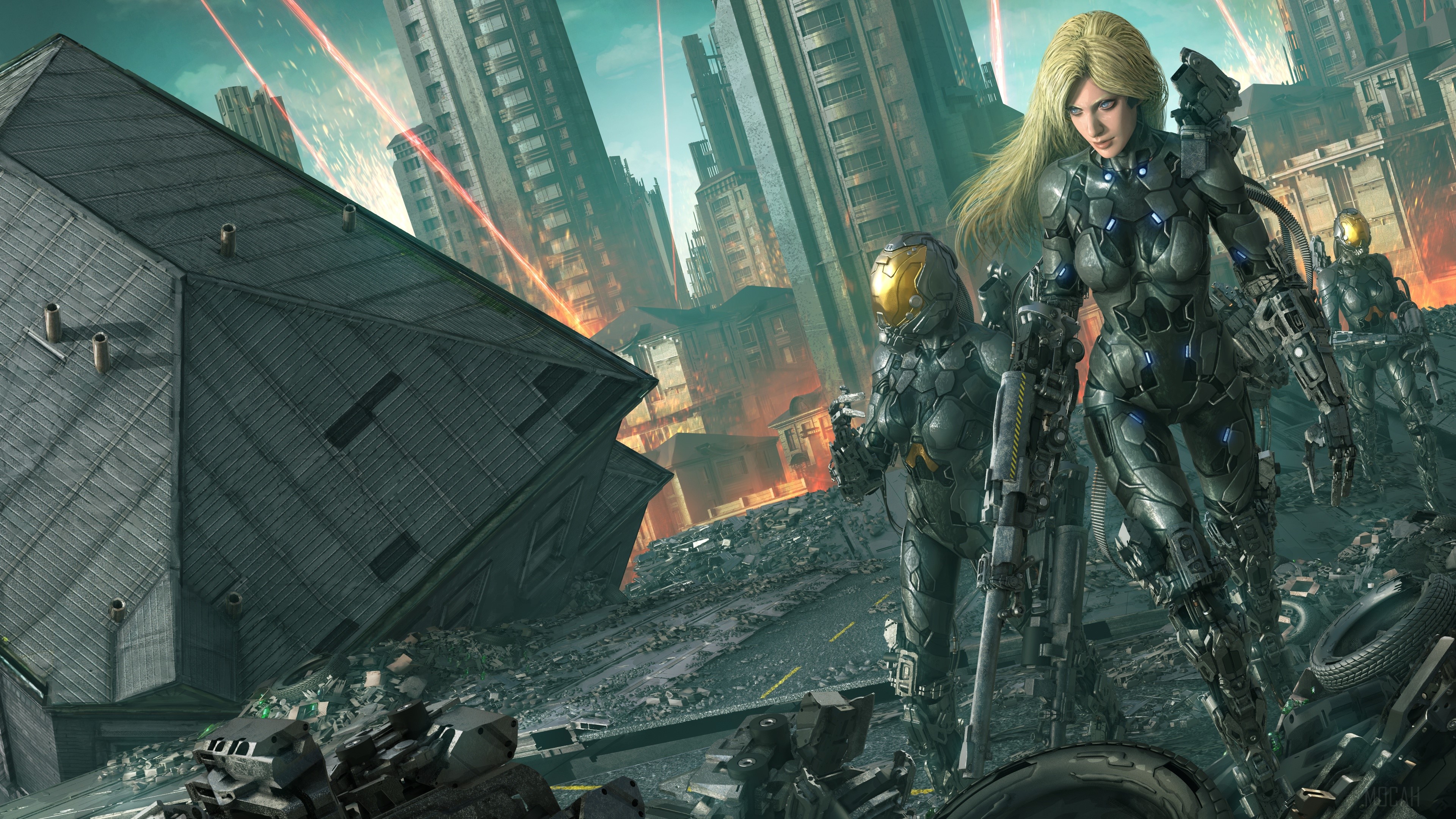 Futuristic Cyborgs in a Destroyed City 4K HD Wallpaper