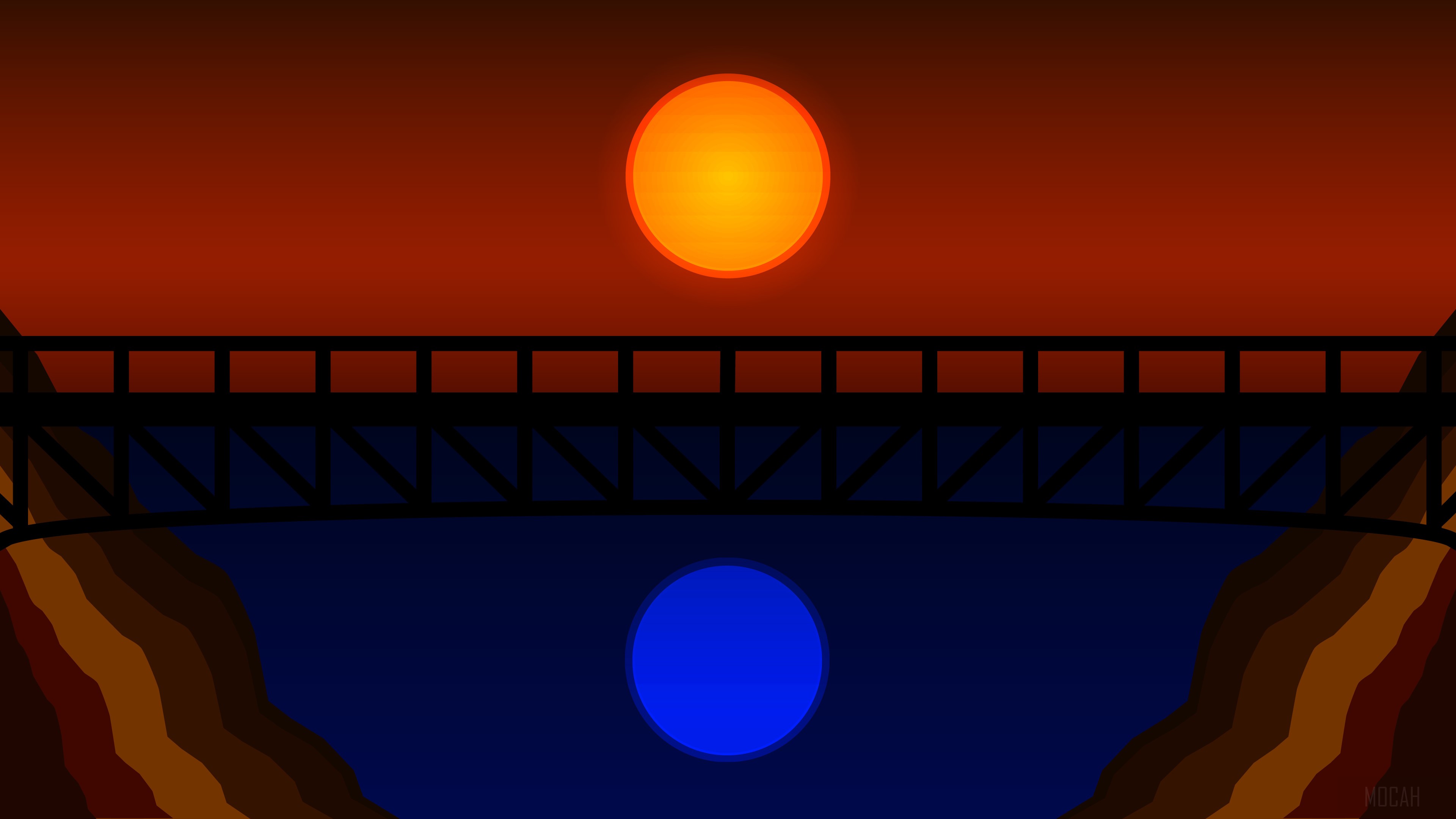 Bridge over water with two suns HD Wallpaper