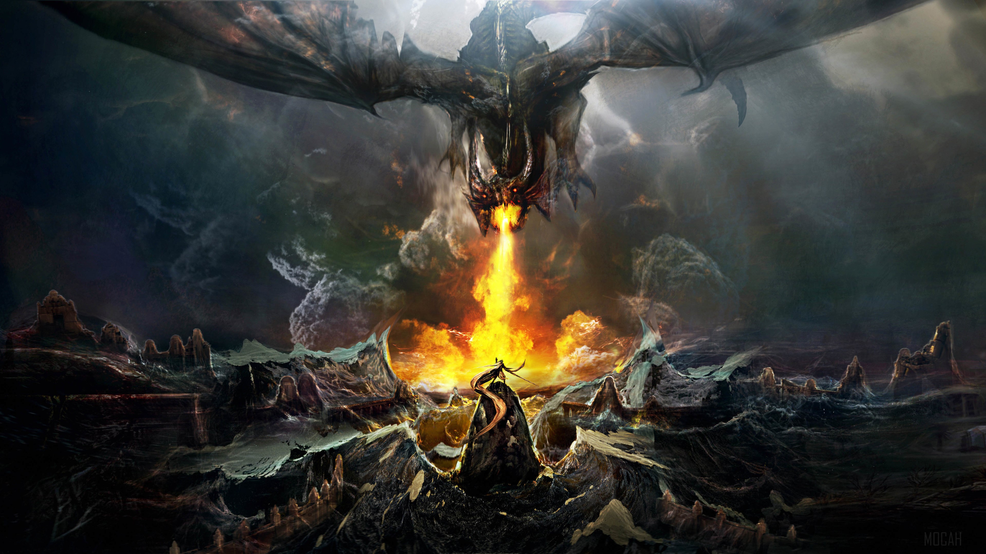 Dragon Throwing Fire On Warrior HD Wallpaper