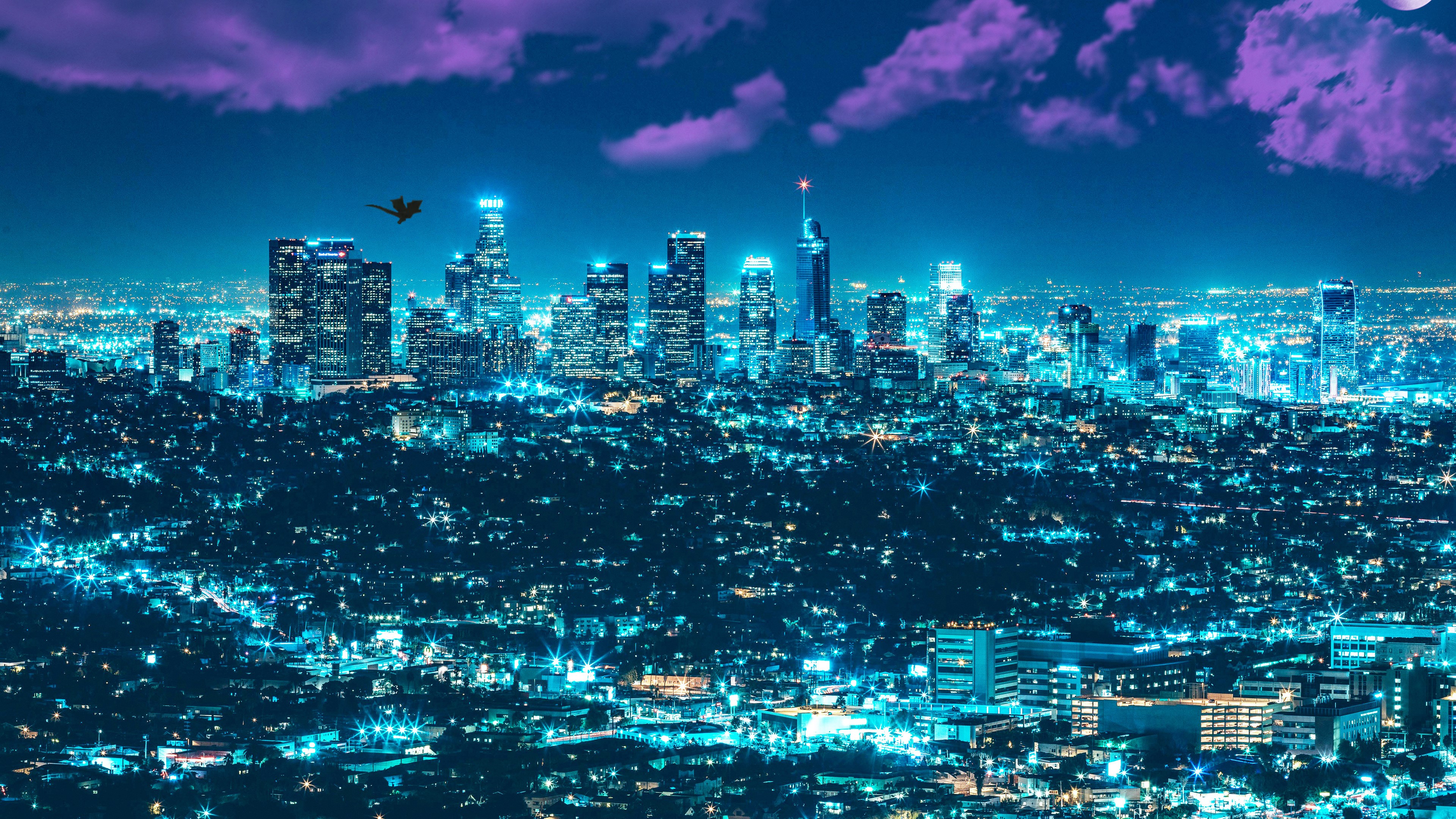 Los Angeles Cityscape at Night with Fantasy Element 4K HD Wallpaper