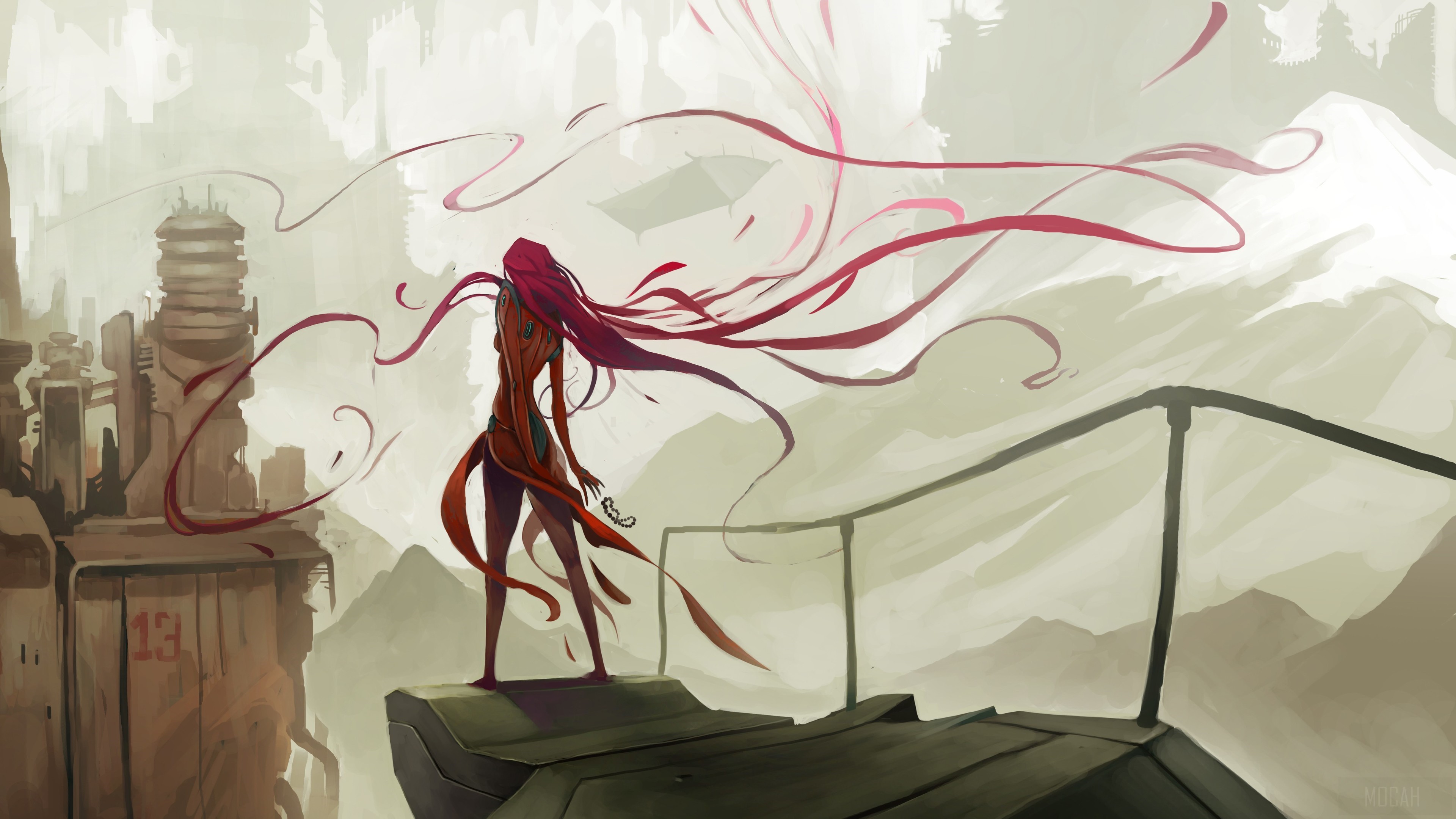 Woman with long red hair in a futuristic city HD Wallpaper