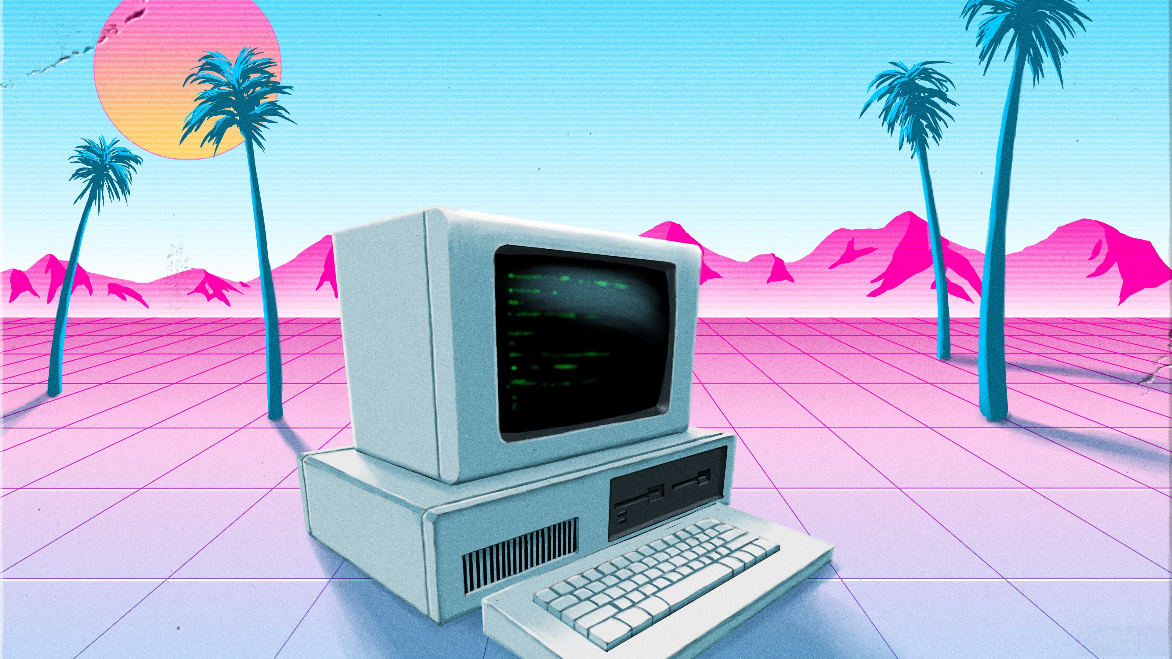 Retro Computer in a Neon Landscape 4K HD Wallpaper