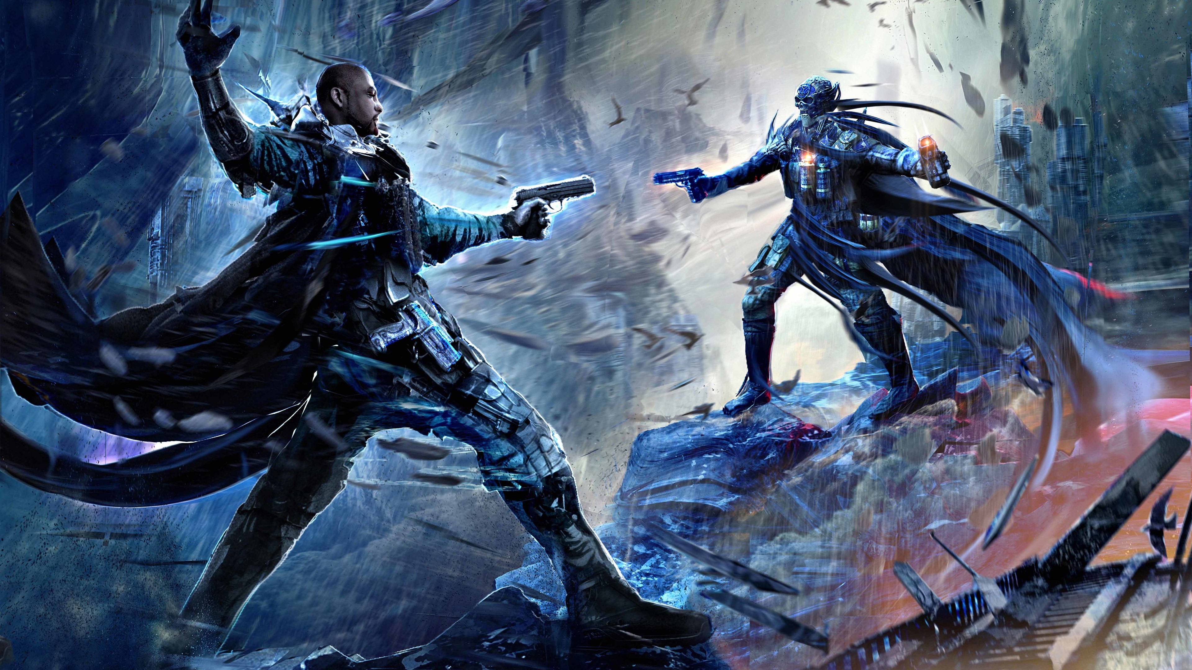 Man attacking robot with guns 4K HD Wallpaper