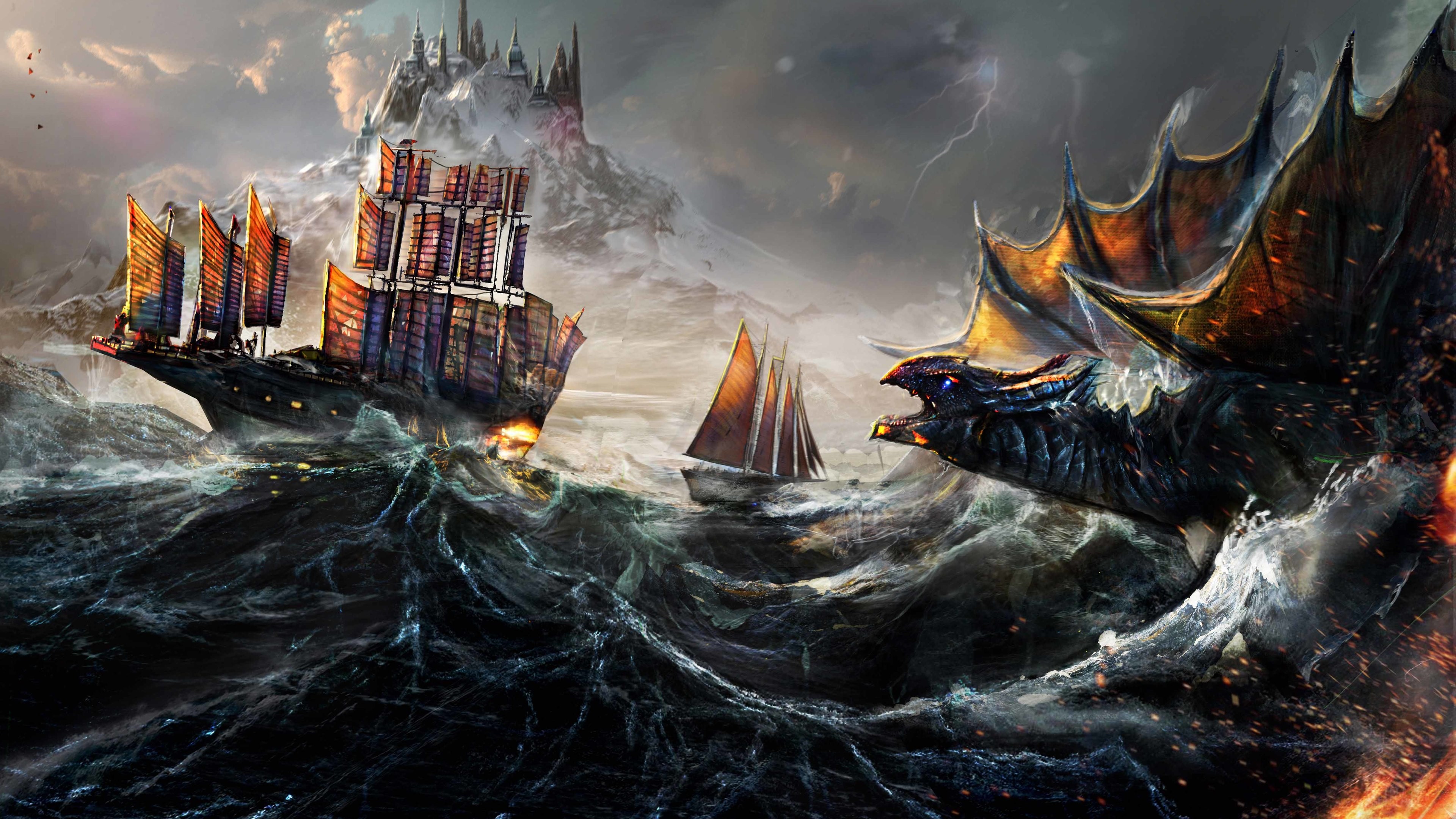 Dragon Attacks Ship in Stormy Ocean 4K HD Wallpaper