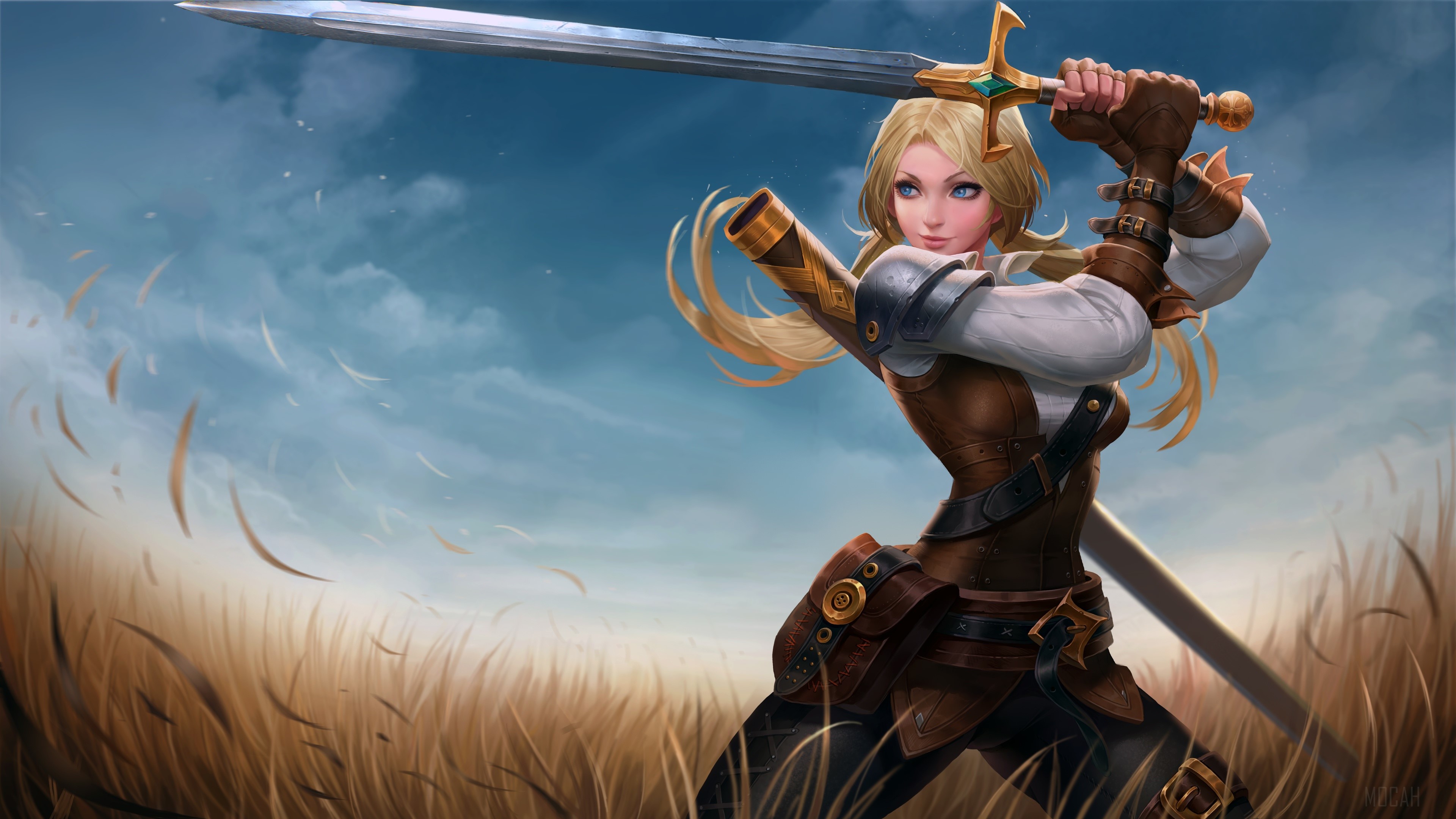 Woman Warrior with Sword in Field 4K HD Wallpaper