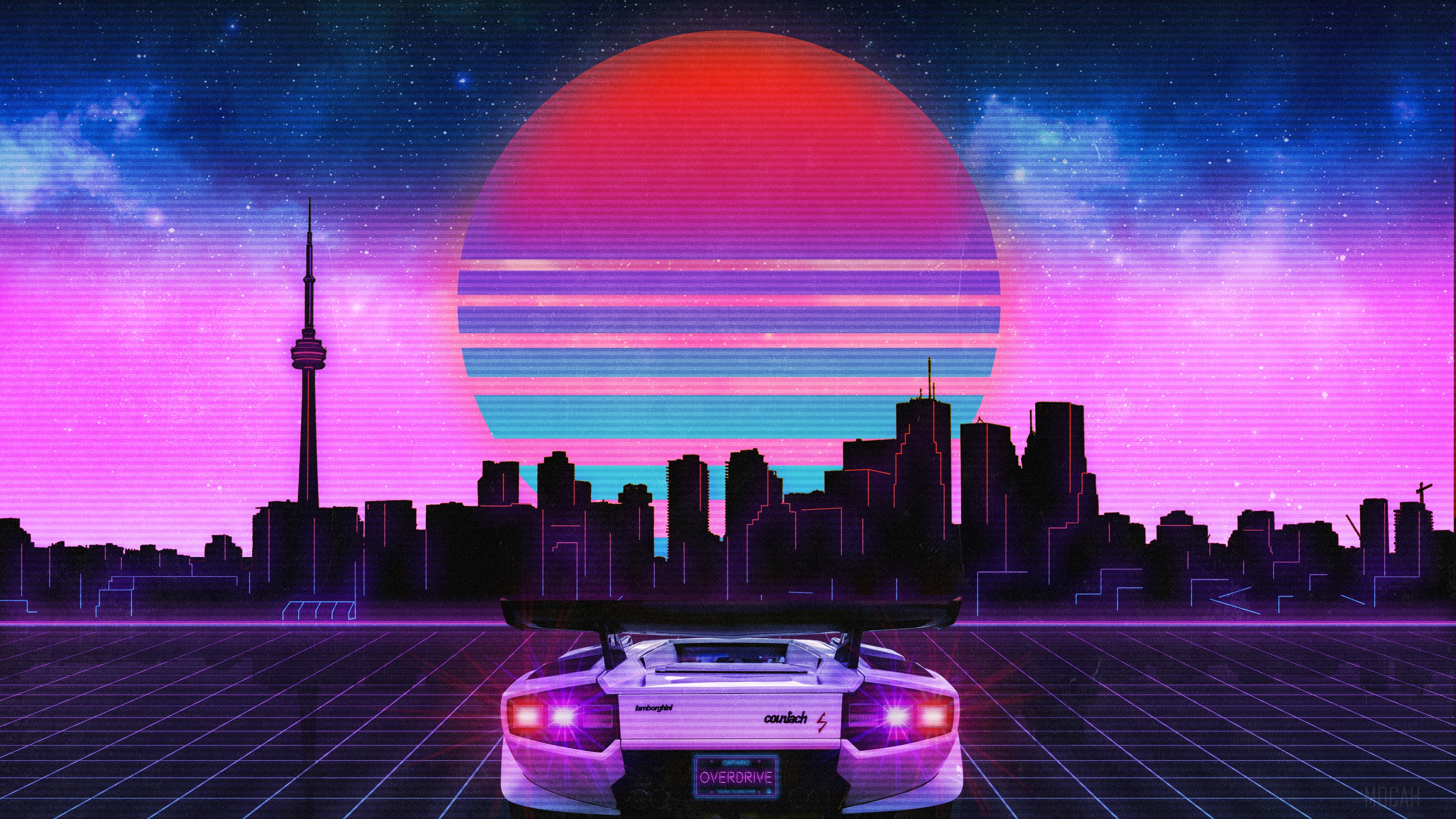 Retro Wave Lamborghini Overdrive Neon City 4K HD Wallpaper