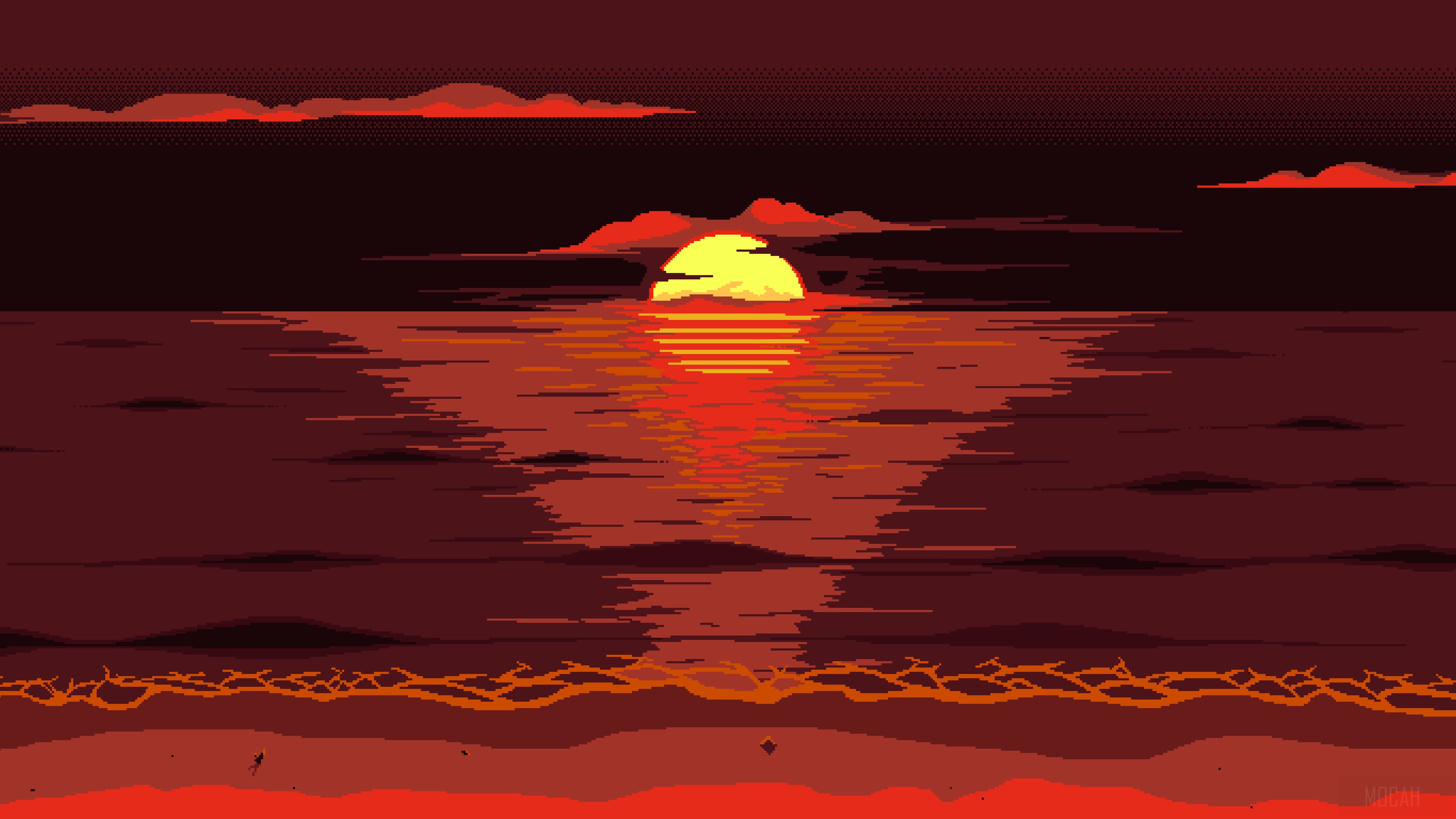 Pixel art sunset over the ocean HD Wallpaper