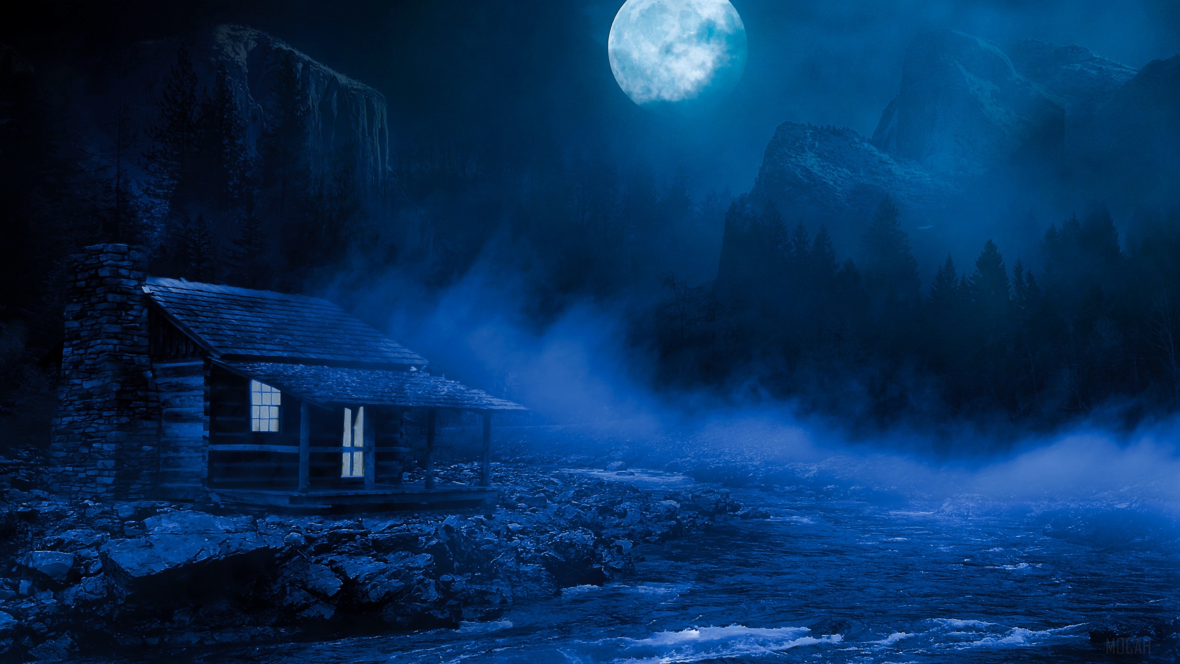 Cabin by a river under a full moon HD Wallpaper