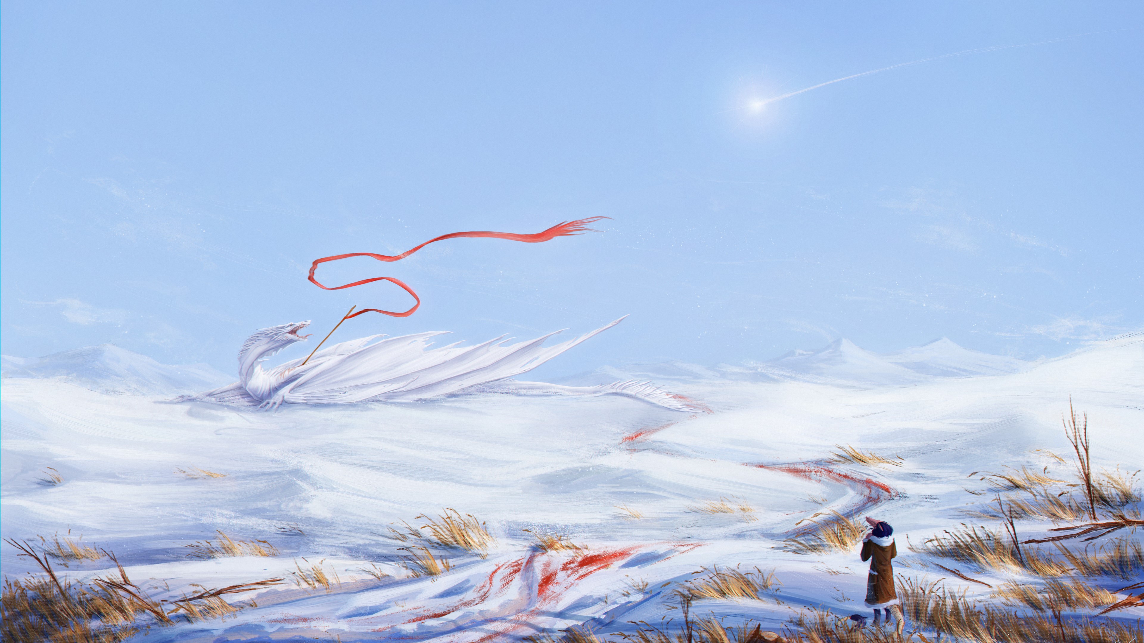 White Dragon in Snowy Landscape with Shooting Star 4K HD Wallpaper