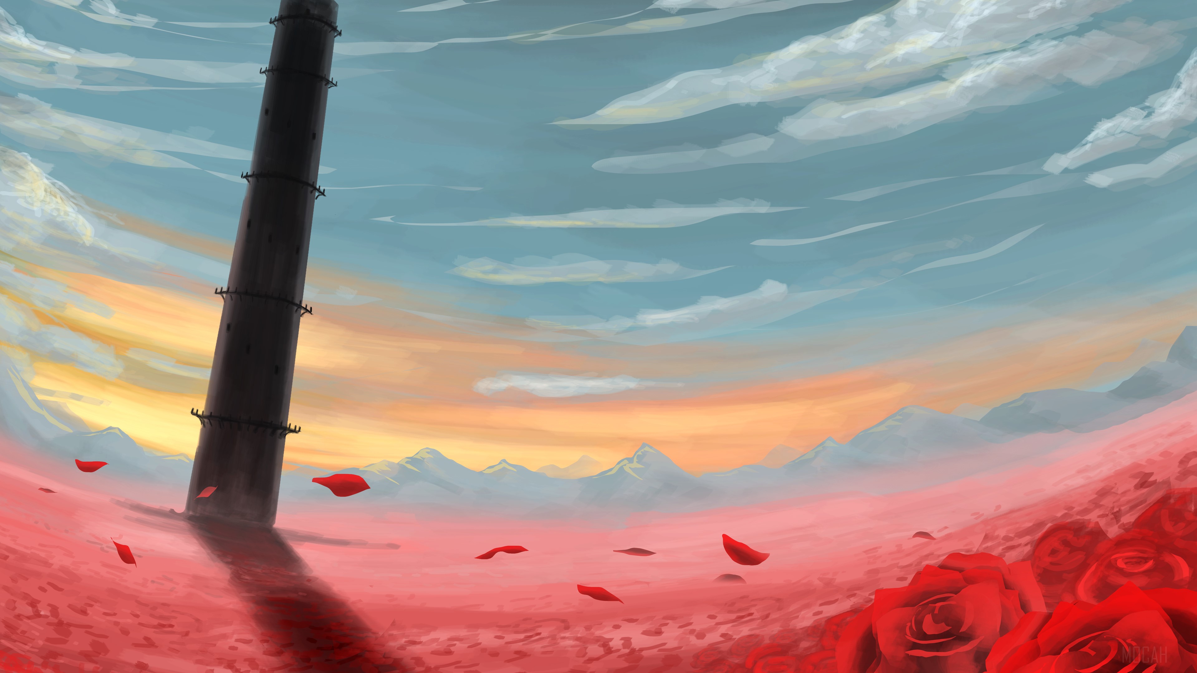 The Dark Tower with Red Roses and Mountains 4K HD Wallpaper