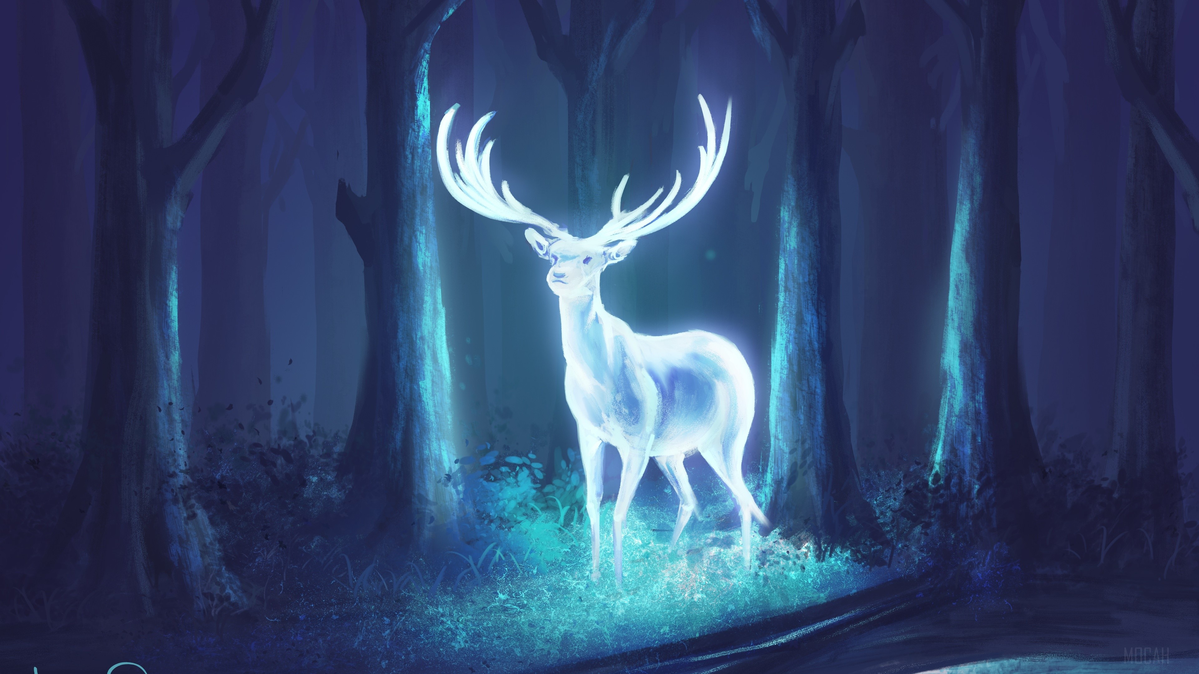 Fantasy Deer in a Blue Forest 4K HD Wallpaper