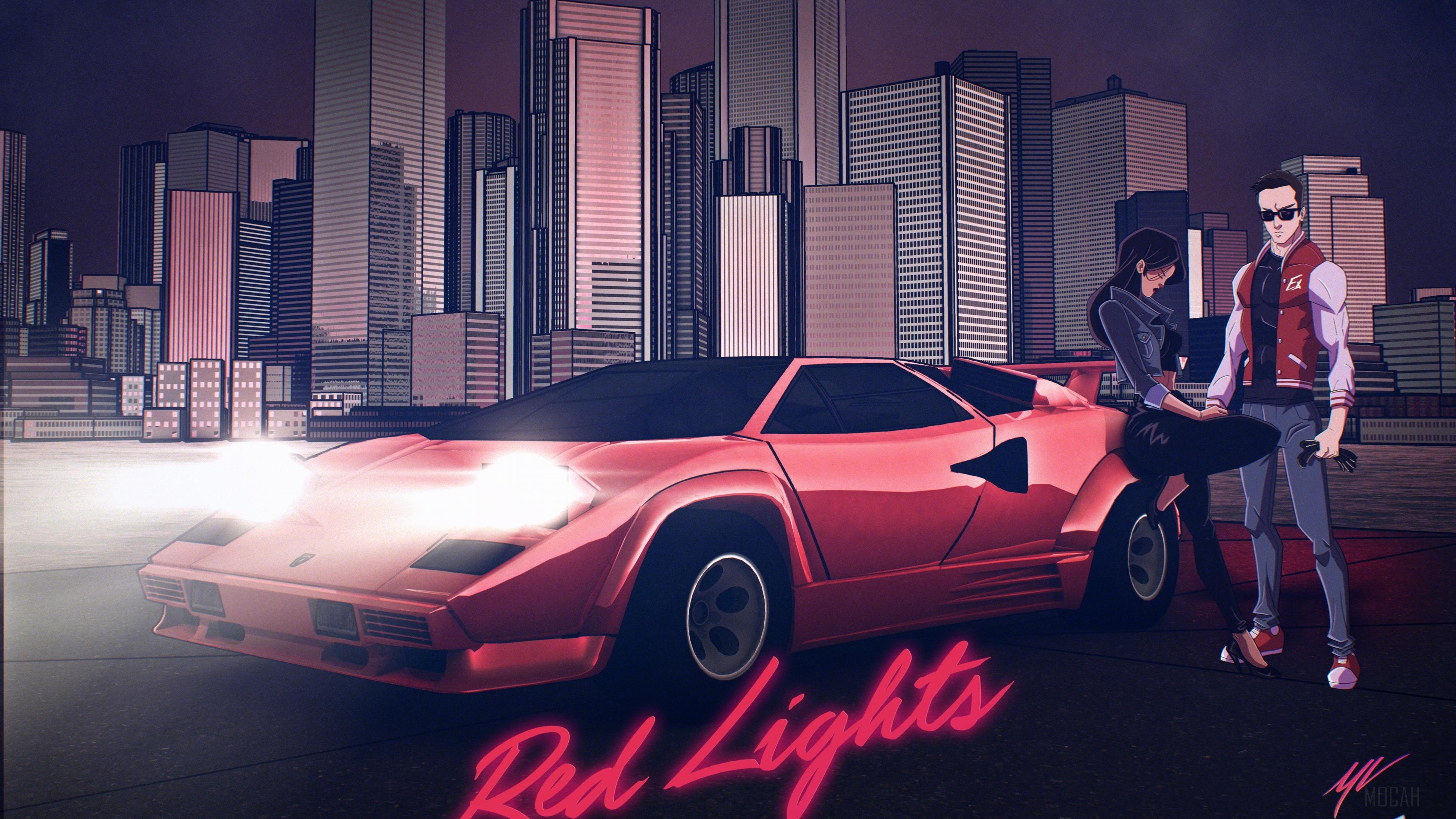 Girl and Boy with Lamborghini Countach Digital Art 4K HD Wallpaper