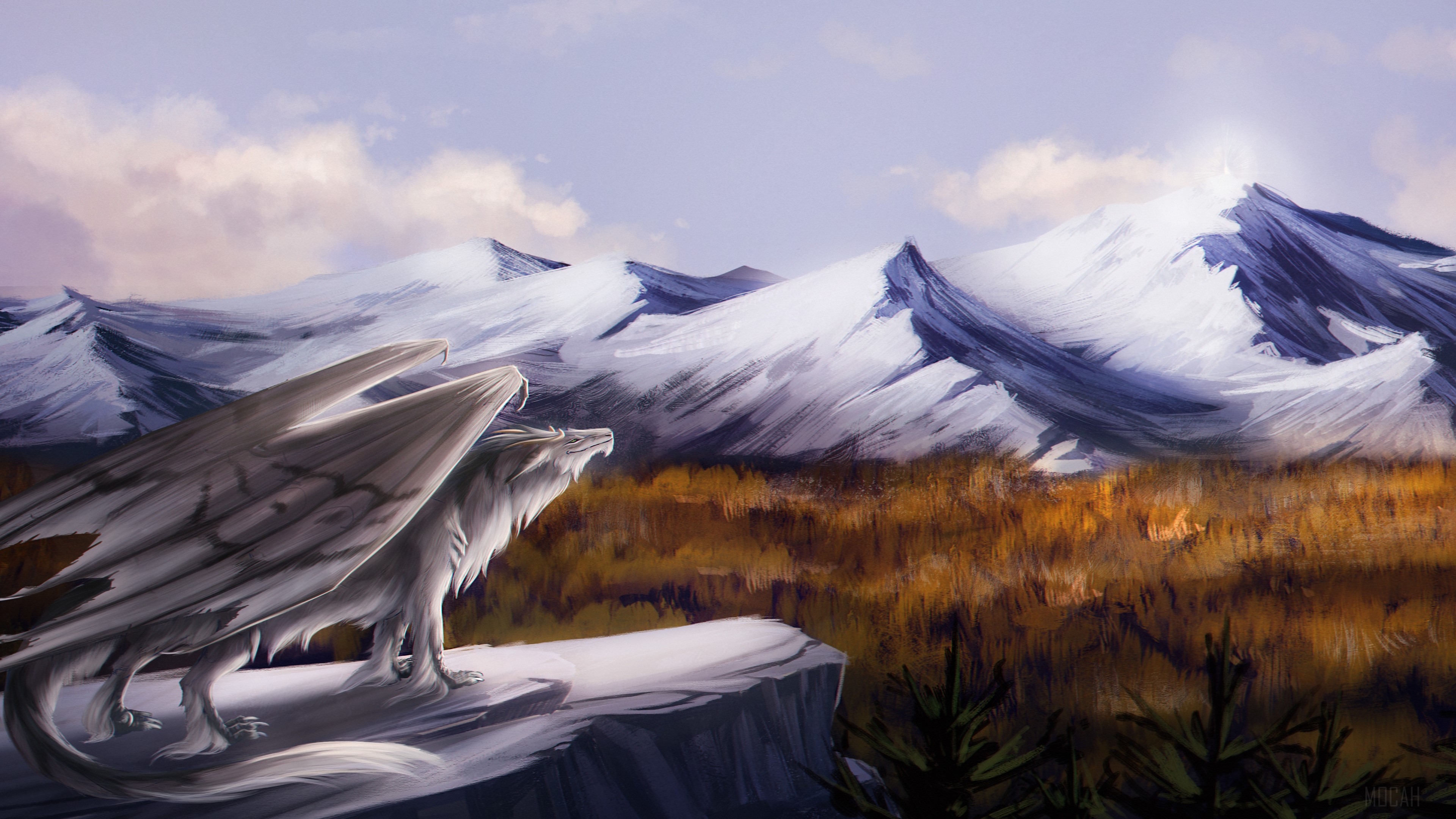Dragon in a snowy mountain landscape HD Wallpaper