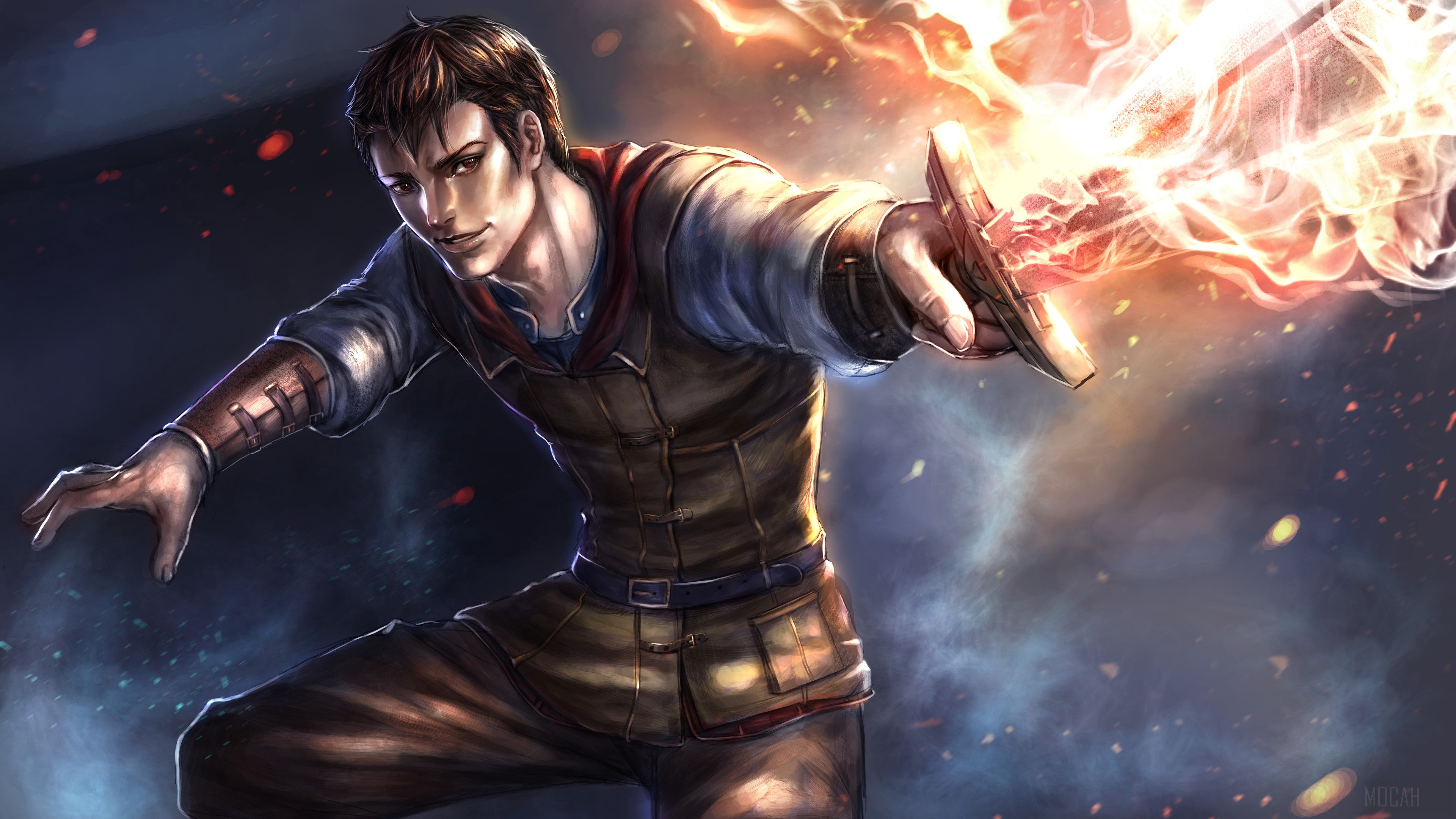 Man with fiery sword HD Wallpaper