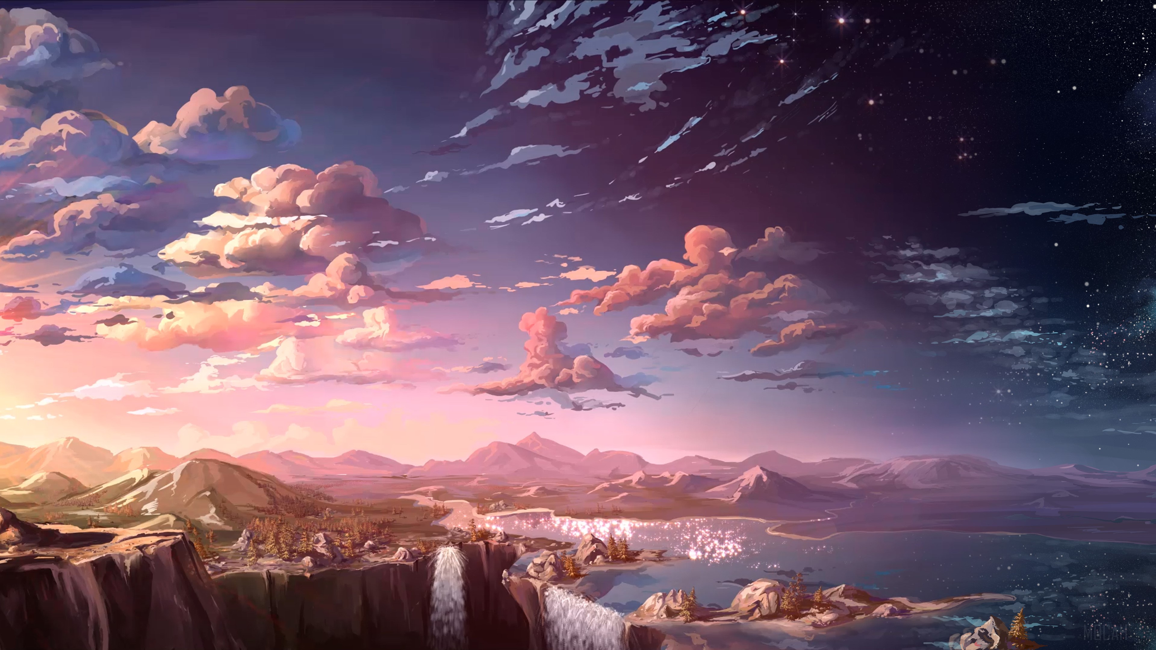 Sunset Waterfall Landscape 4K HD Wallpaper